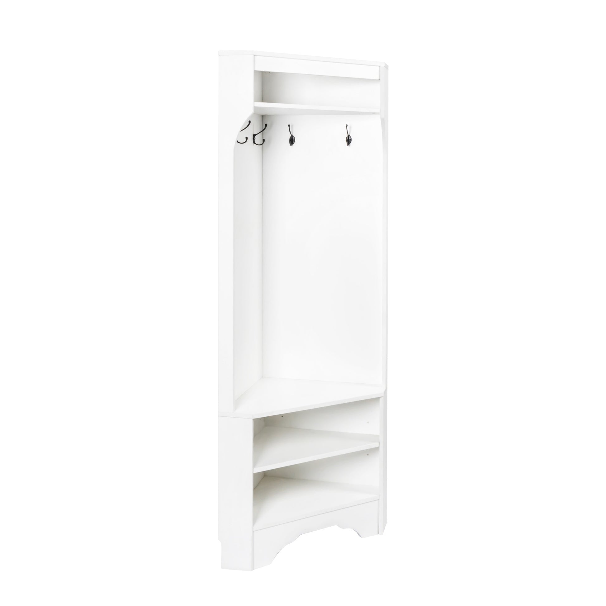 Minimalist Corner Hall Tree With Shoe Bench, Versatile Entryway Coat Rack With 4 Hooks, Corner Cabinet With Adjustable Shelf For Hallway, Living Room, White, 29.5''W*71.6''H White Particle Board