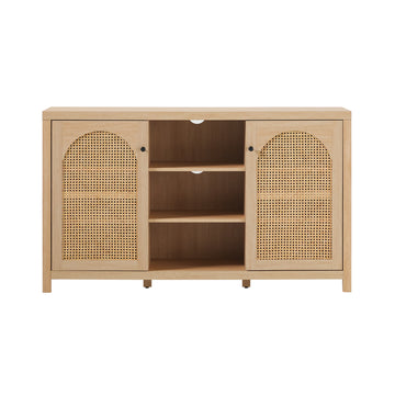 Transitional 58" 2 Door Sideboard With Arched Rattan Panels, Black Light Brown Mdf Mdf