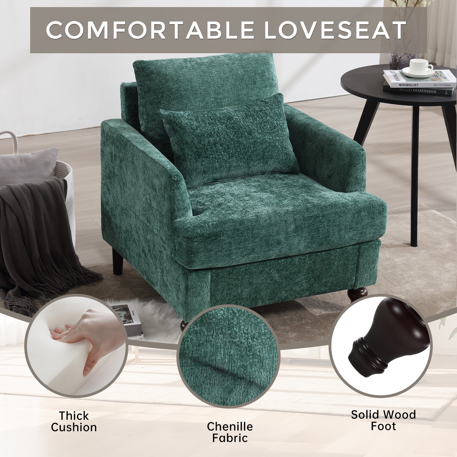 Coolmore Wood Frame Armchair, Modern Accent Chair Lounge Chair For Living Room,Tufted Club Chair, Mid Century Modern Arm Chairs With Studded, Solid Wood Frame, For Bedroom, Reading Emerald Chenille Emerald Modern Chenille 1 Seat