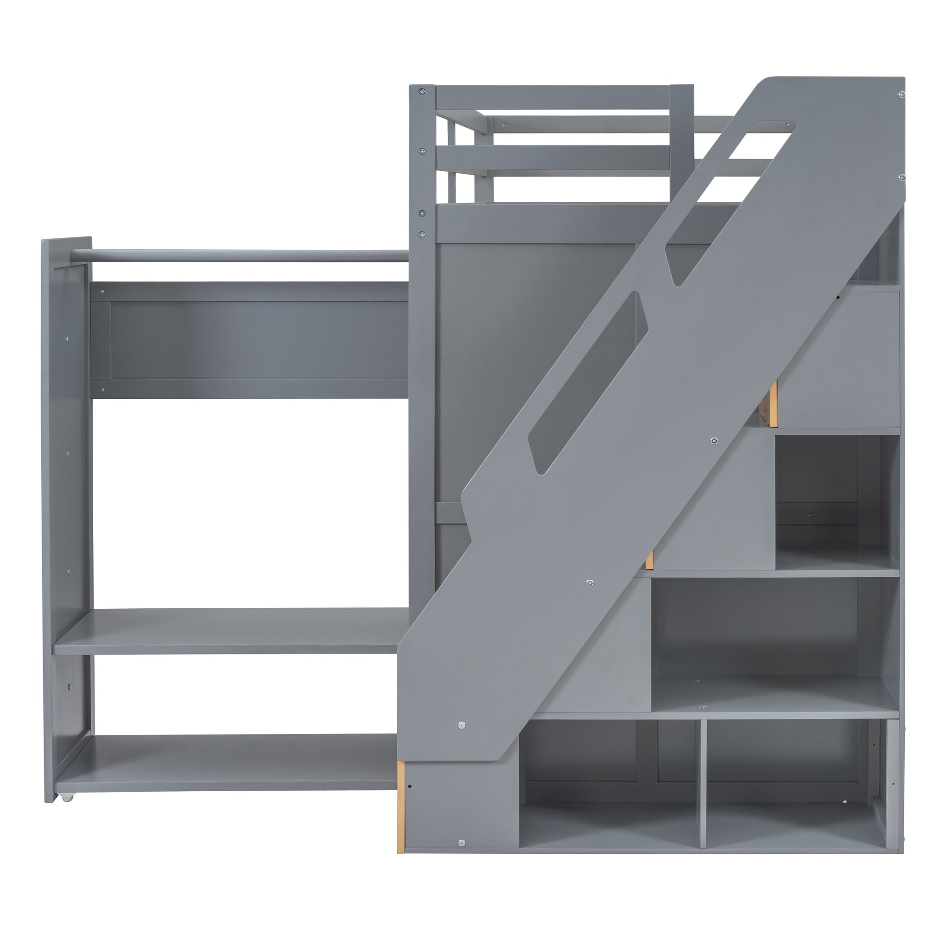 Modern Loft Bed With Two Tone Storage Stairs And Pull Out Wardrobes, Gray Twin Gray Solid Wood Mdf