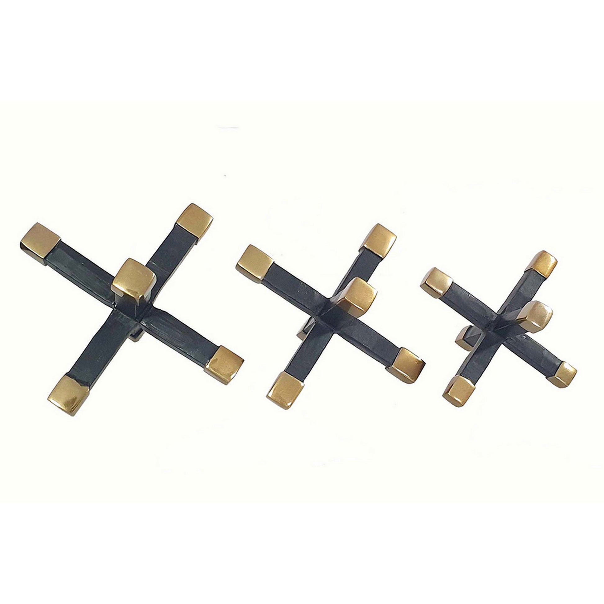 3 Piece Modern Accent Tabletop Decorations, X Shaped Jacks, Black, Gold Black Gold Aluminum