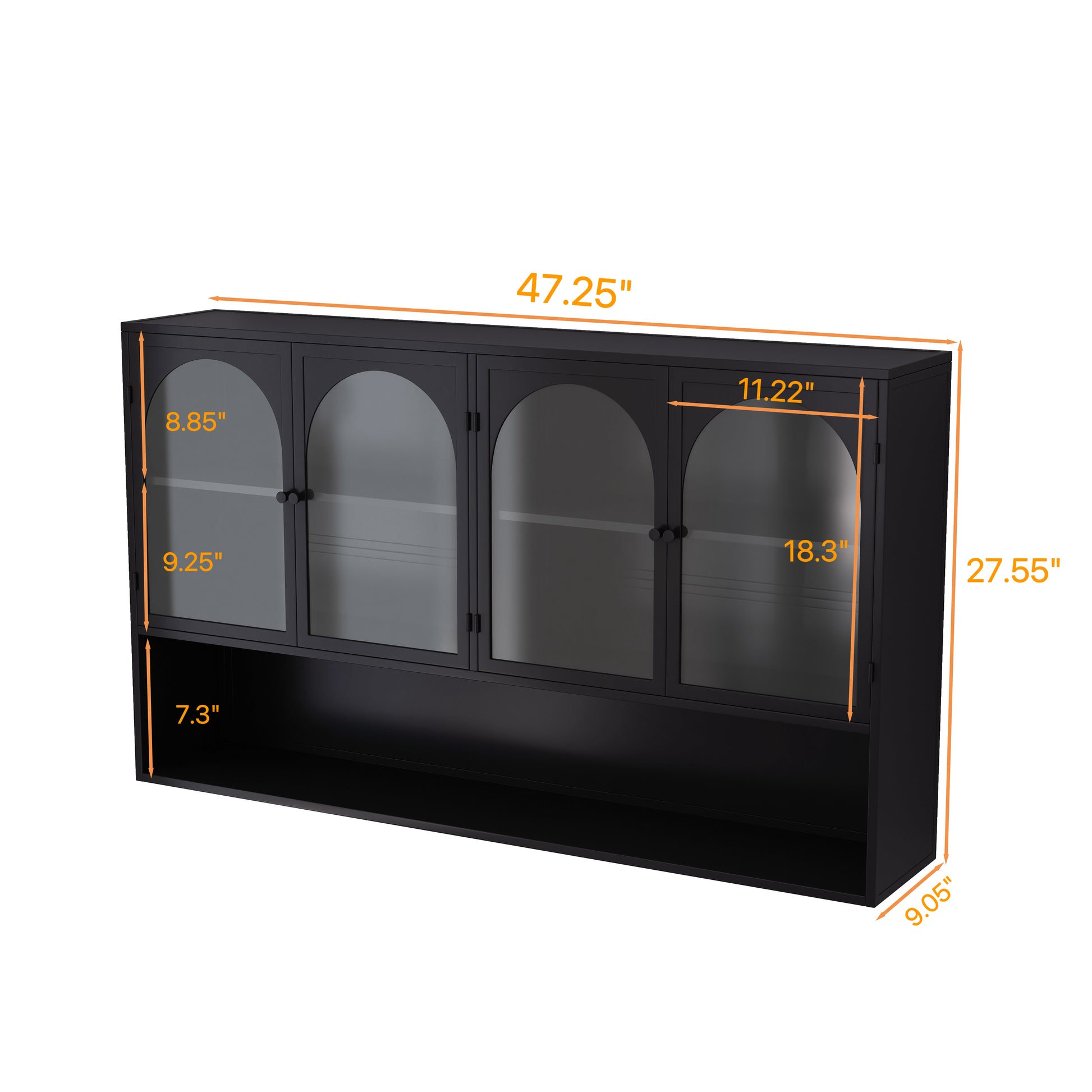 47.25" Four Door Glass Wall Cabinet Storage, Wall Mounted,Suitable For Kitchen, Living Room, Bathroom Black Black Glass Metal