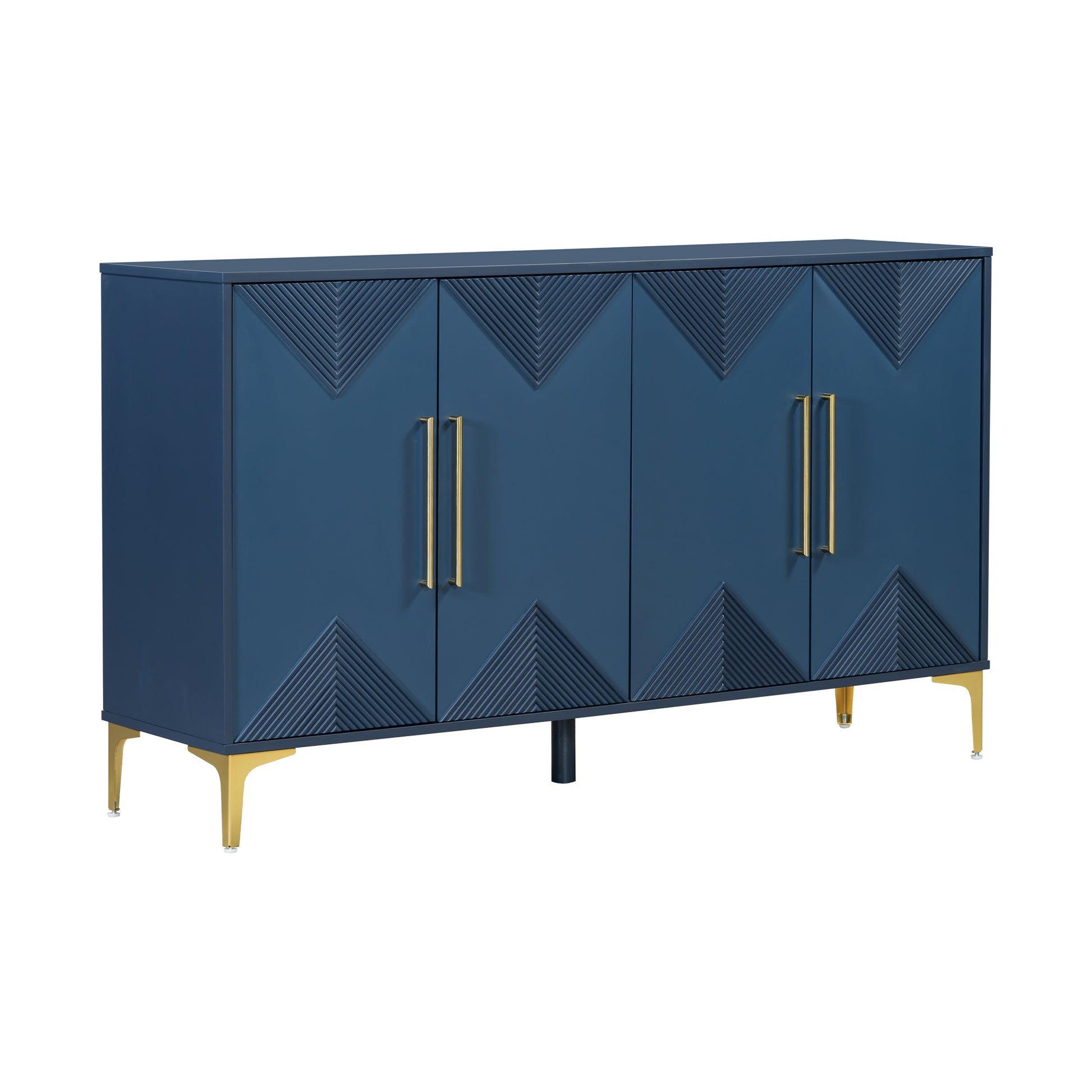 Unique Features Of A Four Door Cabinet With Two Tone Triangular Pattern Doors, Suitable For Entryway, Hallway, Living Room 3 4 Spaces Navy Blue Primary Living Space Adjustable Shelves Artsy,Contemporary Mdf