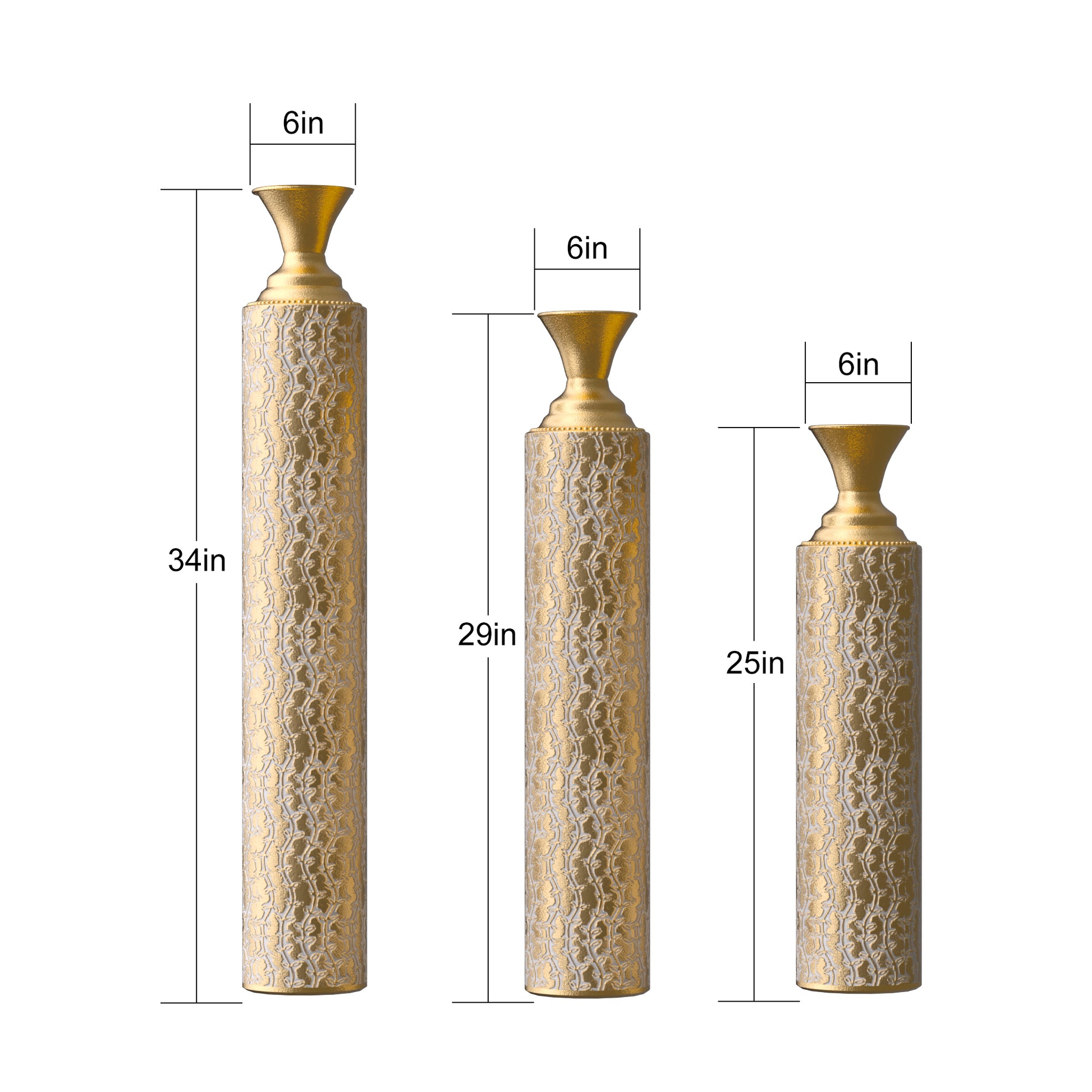 Metal Decorative Vases High Distress Metal Center Vases With Growing Vine Patterns, Set Of 3 Vases For Home Decoration 34 ", 29 ", 25 "H, Gold Antique Gold American Design,American Traditional,Antique,Art Deco Metal