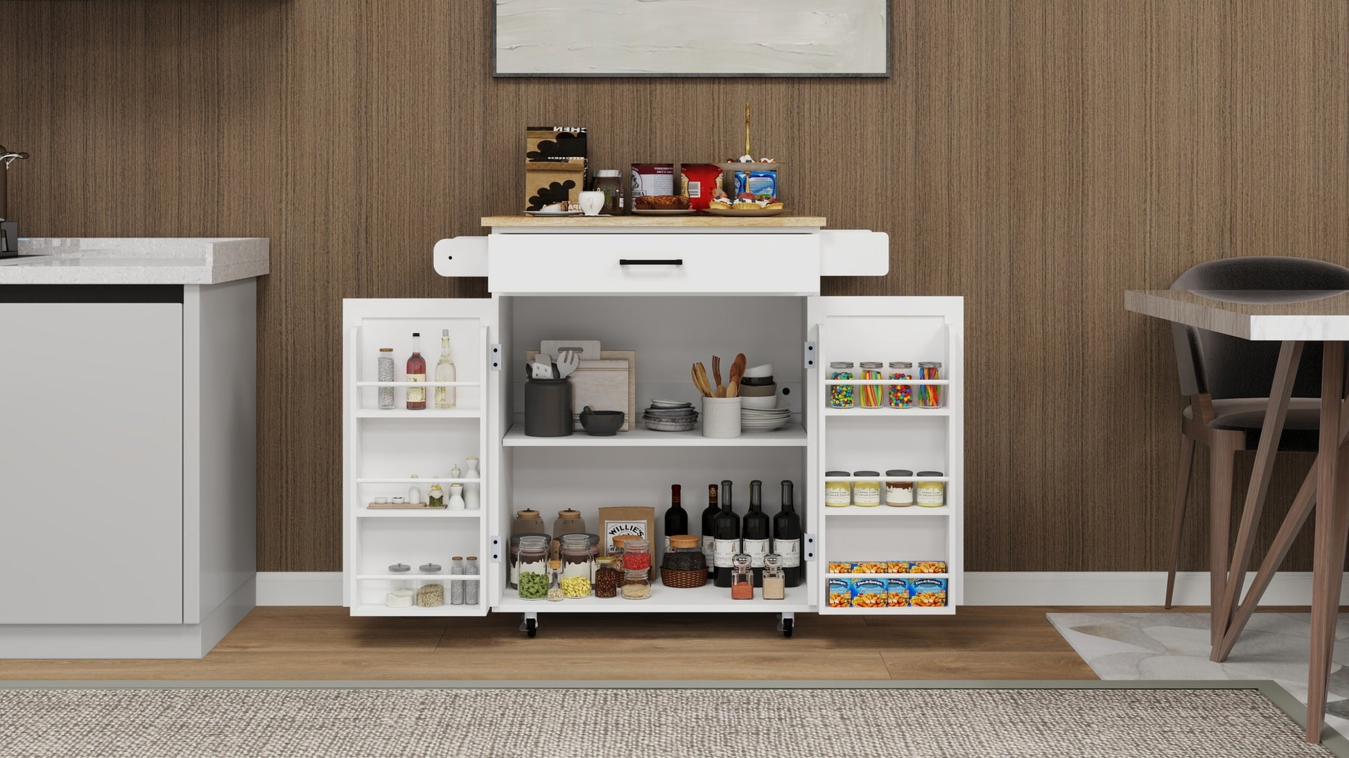 Kitchen Island Rolling Trolley Cart With 1 Drawer & 2 Doors With Storage Racks & Adjustable Shelves & Towel Rack & Seasoning Rack Rubber Wood Table Top White White Solid Wood Mdf