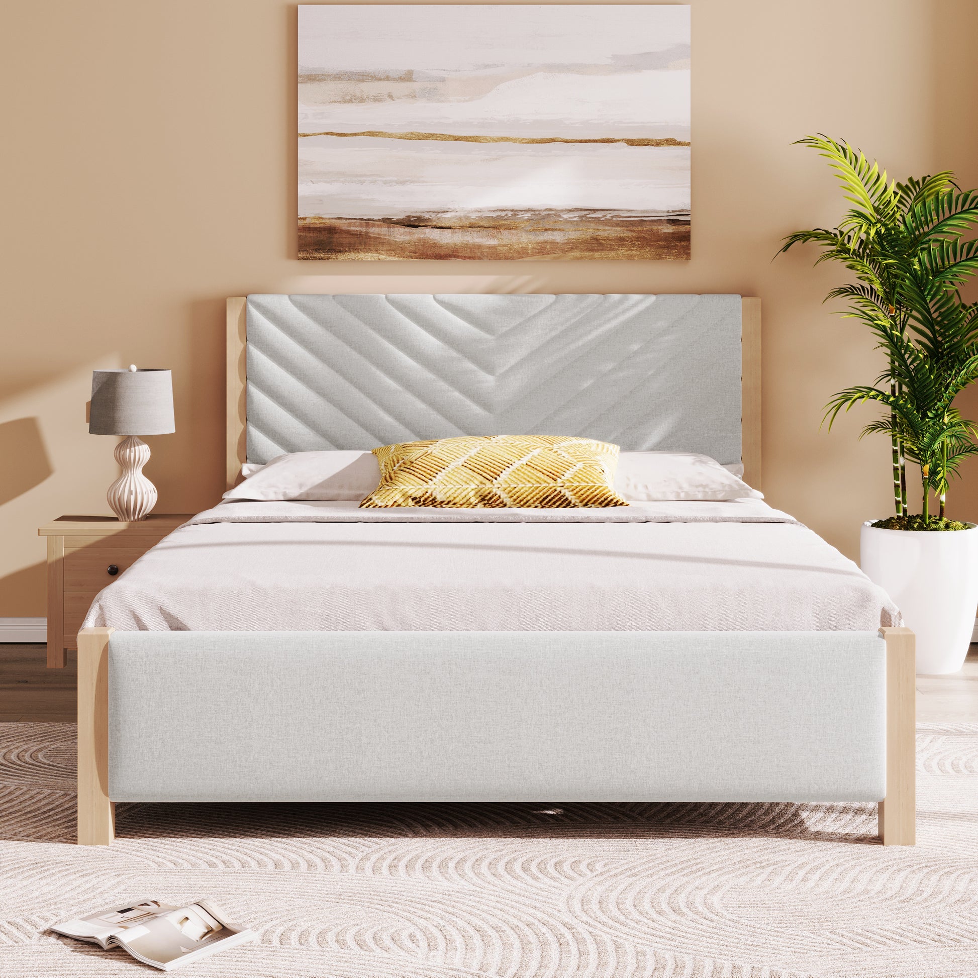 Modern Mid Century Queen Upholstered Platform Bed Frame With Tufted Headboard And Solid Wood Legs,No Box Spring Needed,Beige Box Spring Not Required Queen Beige Wood Bedroom Mid Century Modern,Modern Bed Frame Linen Wood