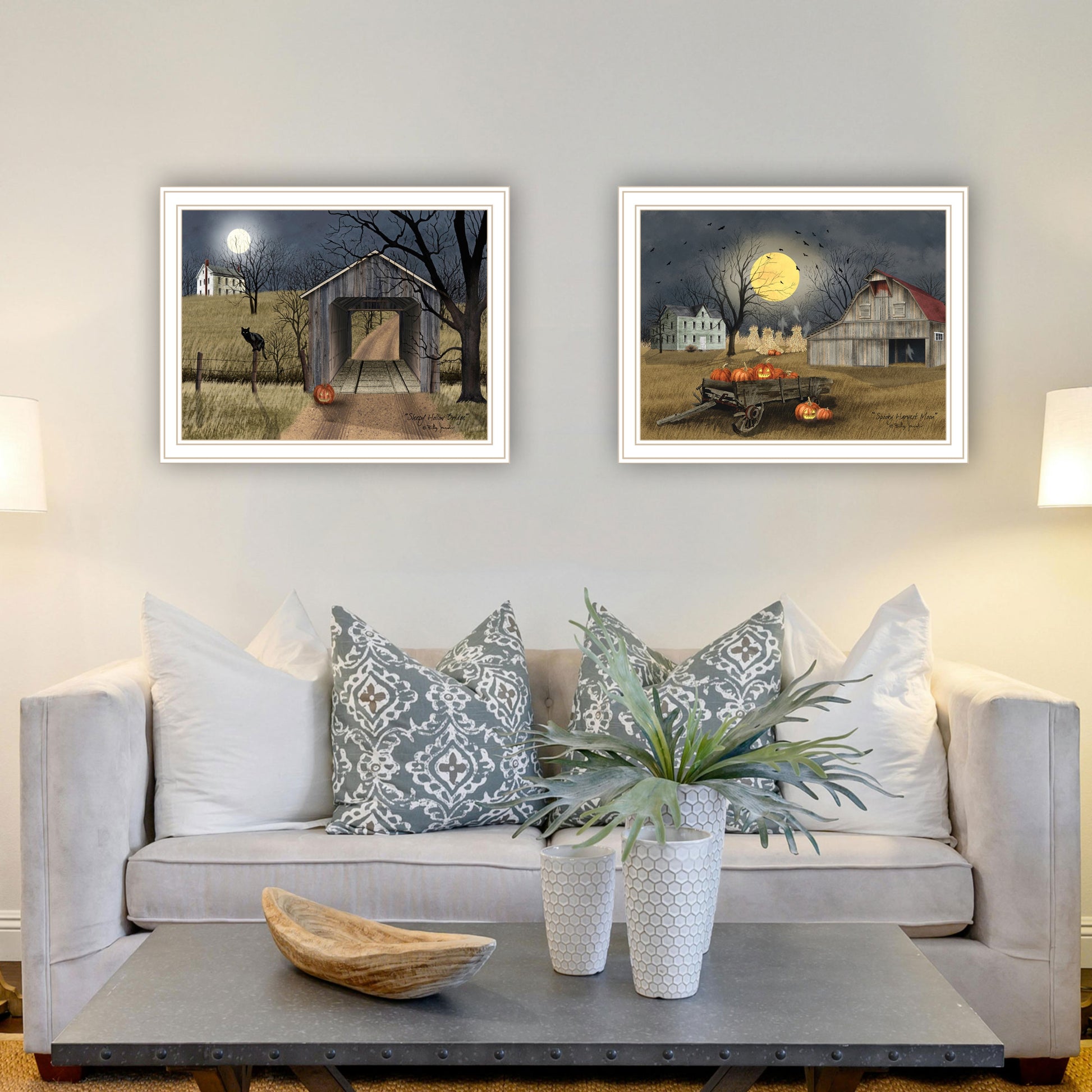 2 Piece Vignette Halloween Season In The Country White Framed Wall Art For Living Room, Bedroom Wall Art Print For Home Decor By Billy Jacobs Multicolor Wood Paper