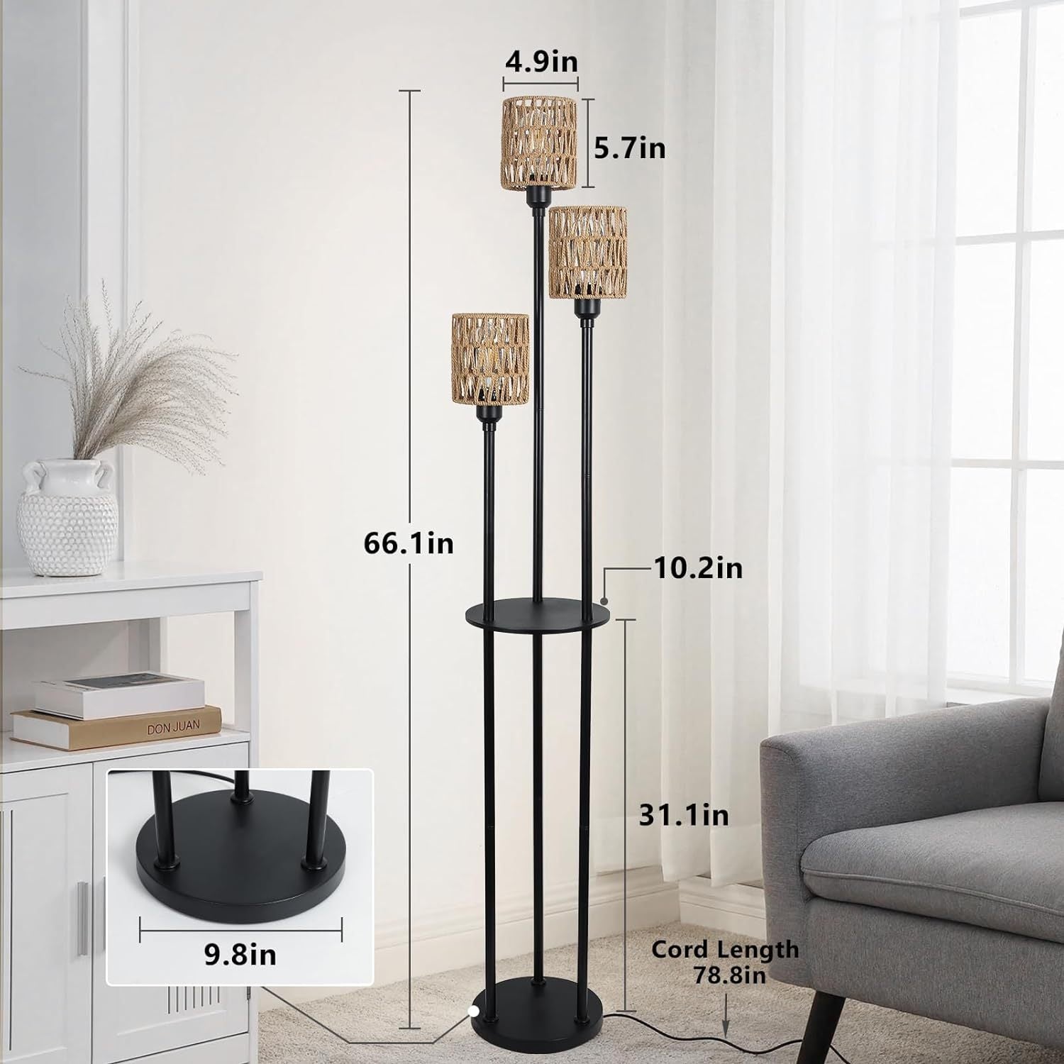 Boho Floor Lamp With Shelves, 3 Lights Farmhouse Tall Floor Lamp With On Off Foot Switch, Rustic Standing Lamp With Rattan Shades For Living Room Bedroom Office Brown Black Rattan Metal