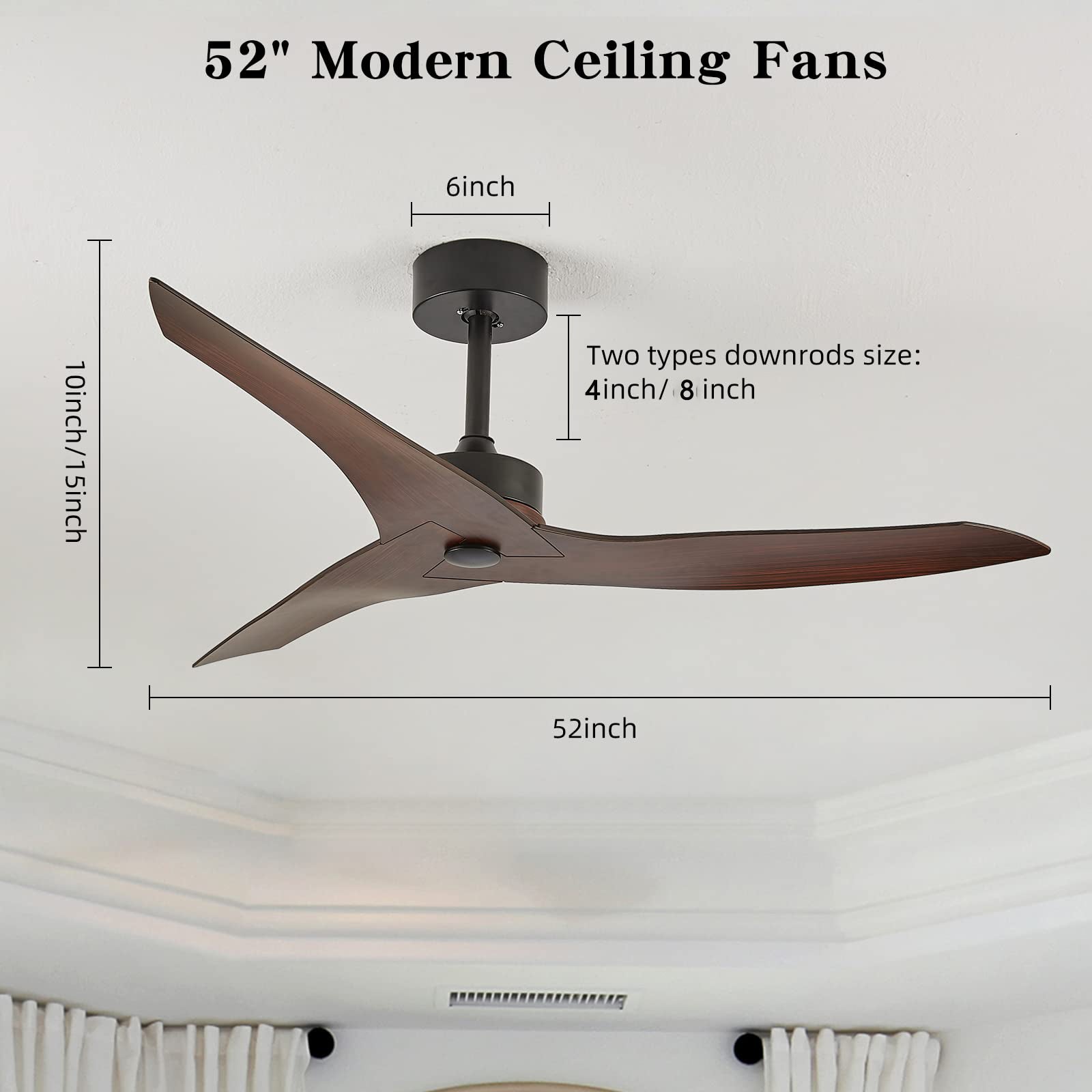 52" Outdoor Ceiling Fan Without Light With Remote Control ,3 Abs Blades Farmhouse Ceiling Fan 6 Speed Reversible Dc Motor Modern Ceiling Fan For Living Room, Bedroom, Kitchen Brown Black Casual,Classic Abs Steel Q235