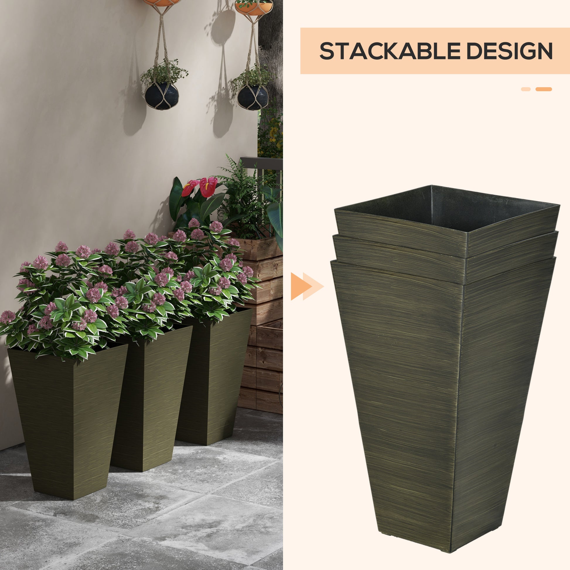 Outsunny 28" Tall Outdoor Planters, Set Of 3 Large Taper Planters With Drainage Holes And Plug, Faux Wood Plastic Flower Pots For Outdoor, Indoor, Garden, Patio, Dark Brown Brown Polypropylene