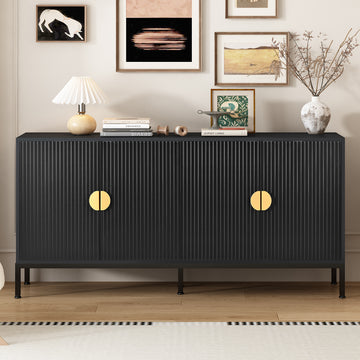 Exquisite Vertical Striped Four Door Sideboard With Sturdy Metal Legs And Semi Circular Handles, Suitable For Study, Entryway And Living Room Black Primary Living Space American Design Mdf