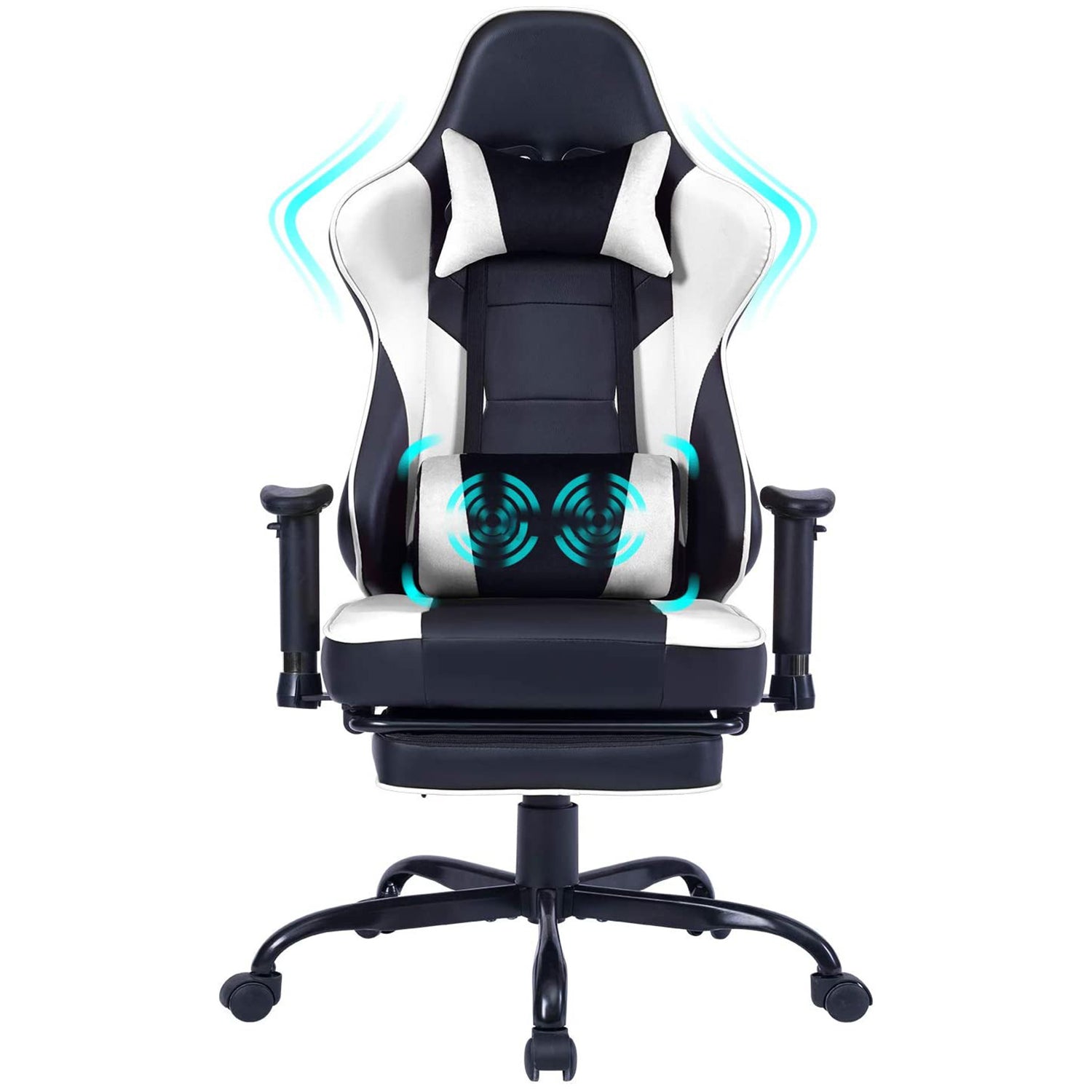 Game Chair, Ergonomiy Designed Computer Chair With Headrest And 2D Armrests, Waist Pillow Electronic Lounge Chair With Vibration Massage Function, Competitive Chair Iron White Cotton Leather