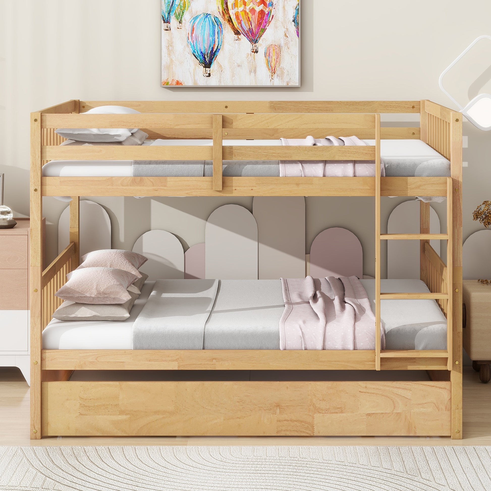 Full Over Full Rubber Wood Bunk Bed With Trundle, Ladder And Guardrails, Convertible To 2 Full Size Beds, With Twin Size Trundle,White Oak Full White Oak Bedroom American Design Bed Frame Rubber