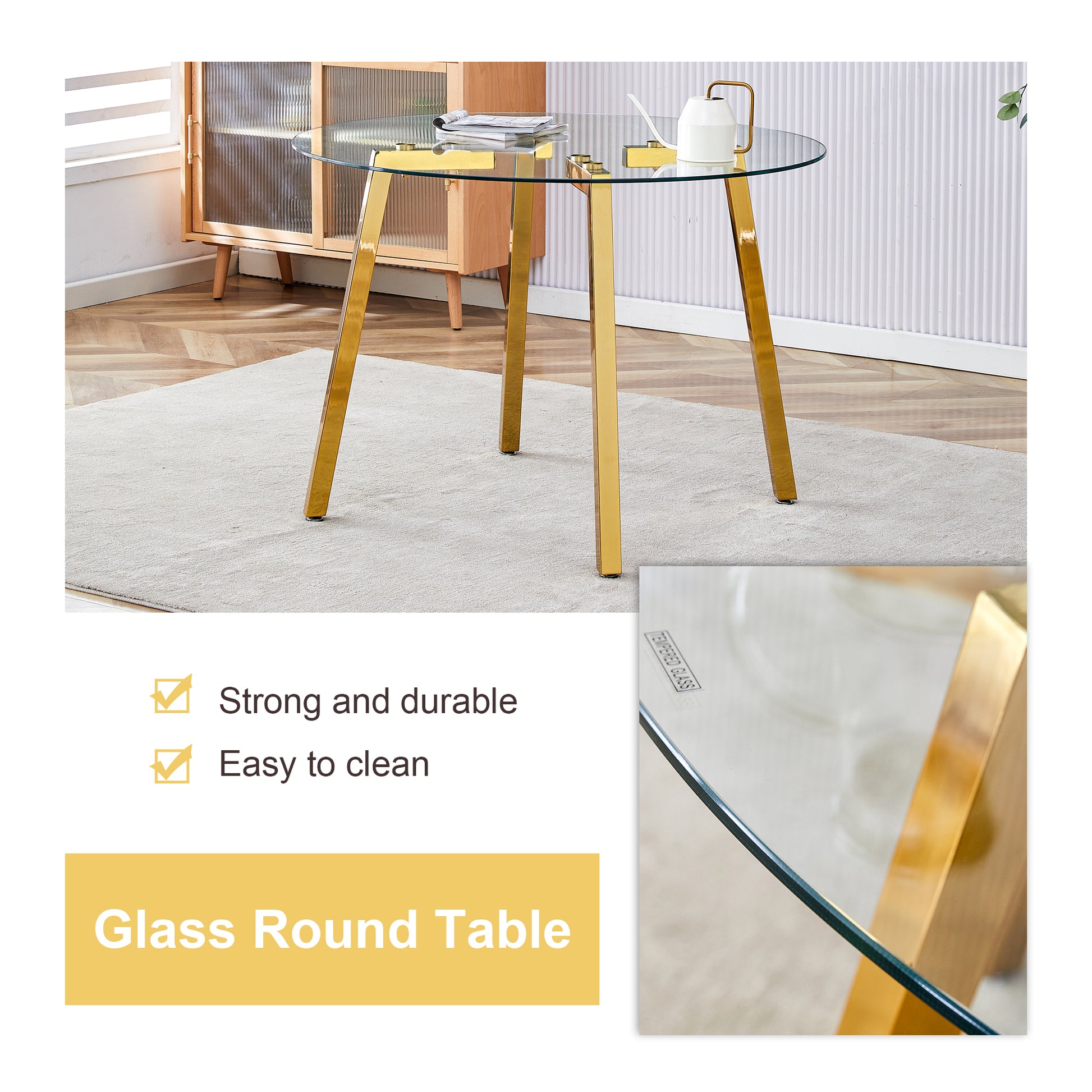Table And Chair Set.A Modern Minimalist Style Round Clear Tempered Glass Table With Metal Legs.Paried With White Chairs With Modern Pu Leather High Back Upholstered And C Tube Golden Legs. Transparent Seats 6 Glass
