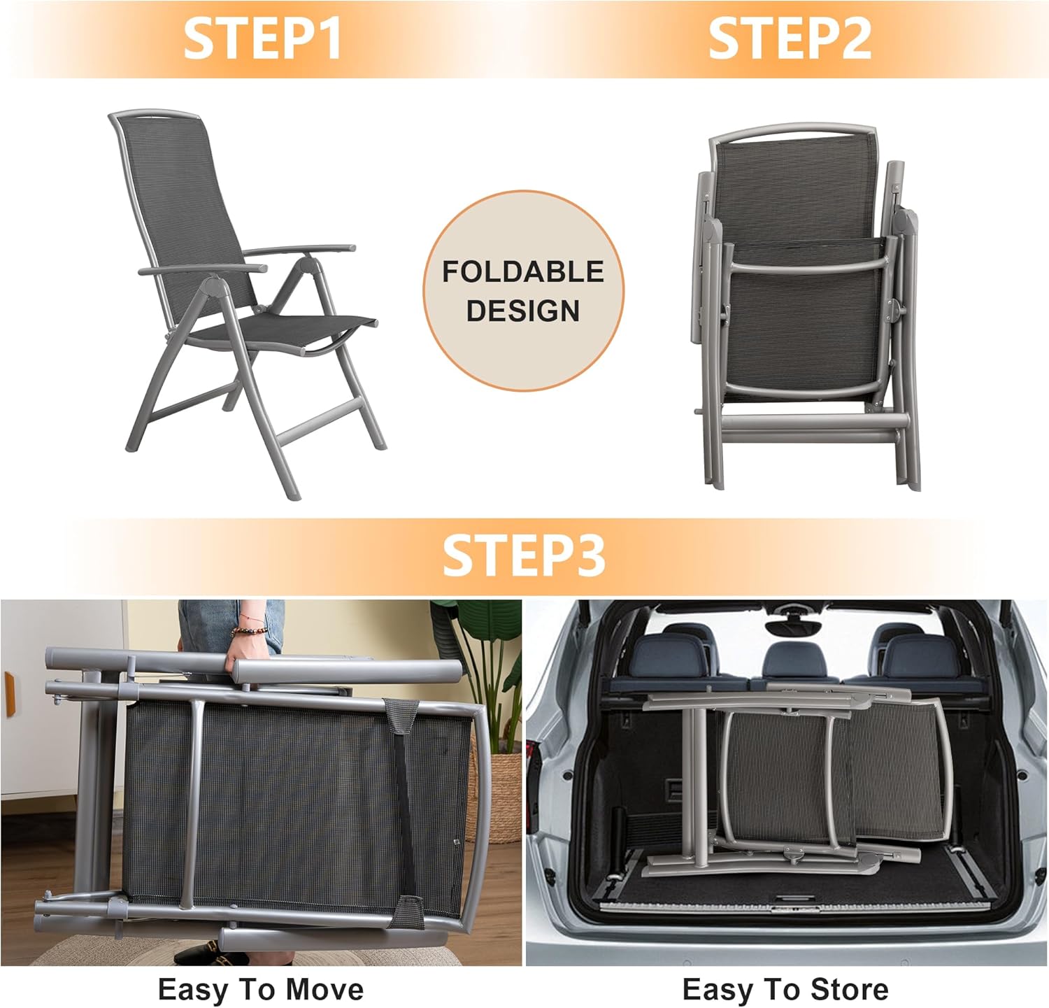 Patio Folding Chairs Set Of 2, Aluminium Frame Outdoor Reclining Patio Chairs For Garden Camping Poolside Beach Deck, Adjustable High Back Lawn Chairs With Textilene Fabric Seat, Dark Gray Dark Gray Aluminium