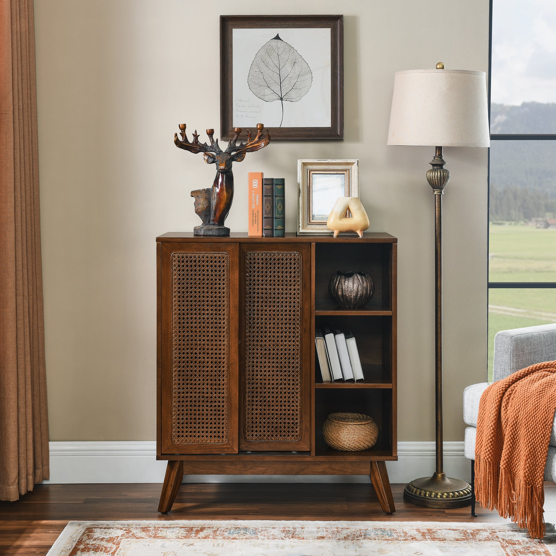 Mid Century Modern Rattan Sideboard Cabinet, Buffet Cabinet For Entryway Hallway Living Room Kitchen Dining Room Bedroom, Adjustable Shelf & Solid Wood Feet & Rattan Cabinet Doors Dark Wood Walnut Mdf