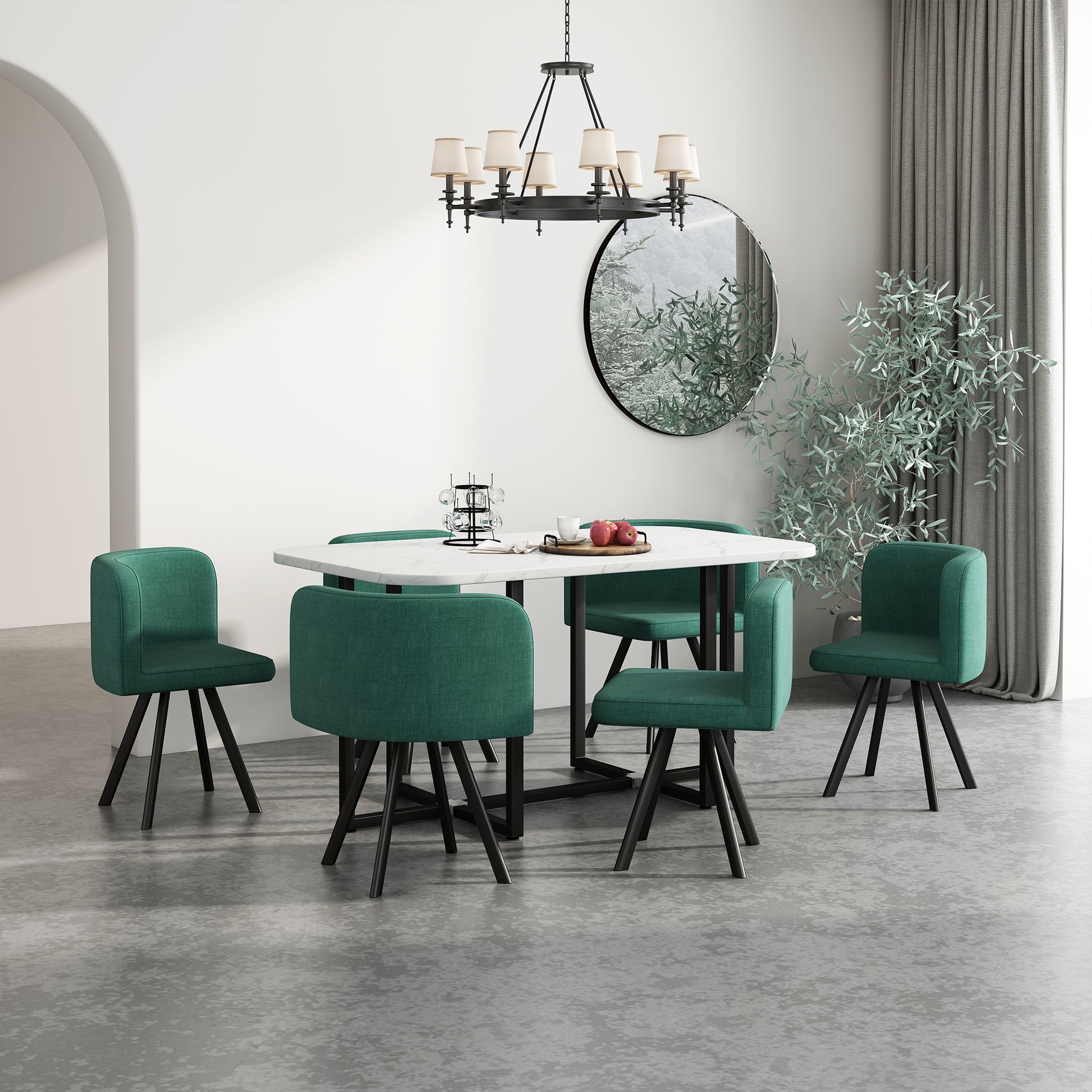 Modern 7 Pieces Dining Table Set, Rectangle Dining Table With 6 Chairs For Dining Room, Kitchen Green Fabric