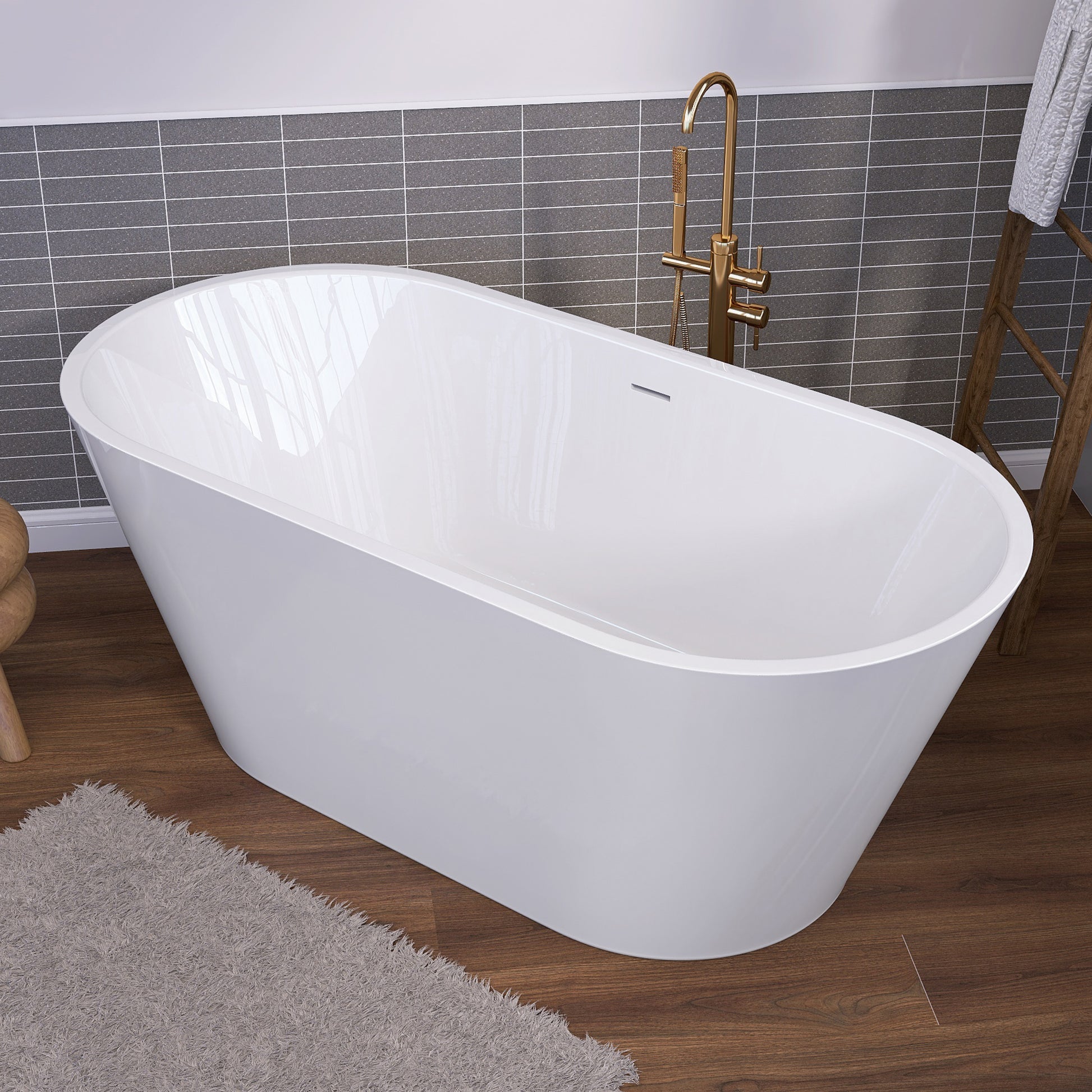 55 Inch Acrylic Freestanding Bathtub Contemporary Soaking White Tub With Overflow And Pop Up Drain Gloss White Gloss White Oval Bathroom Freestanding Tubs Polished Less Than 59 In Contemporary,Modern Soaking Center Fiberglass Acrylic