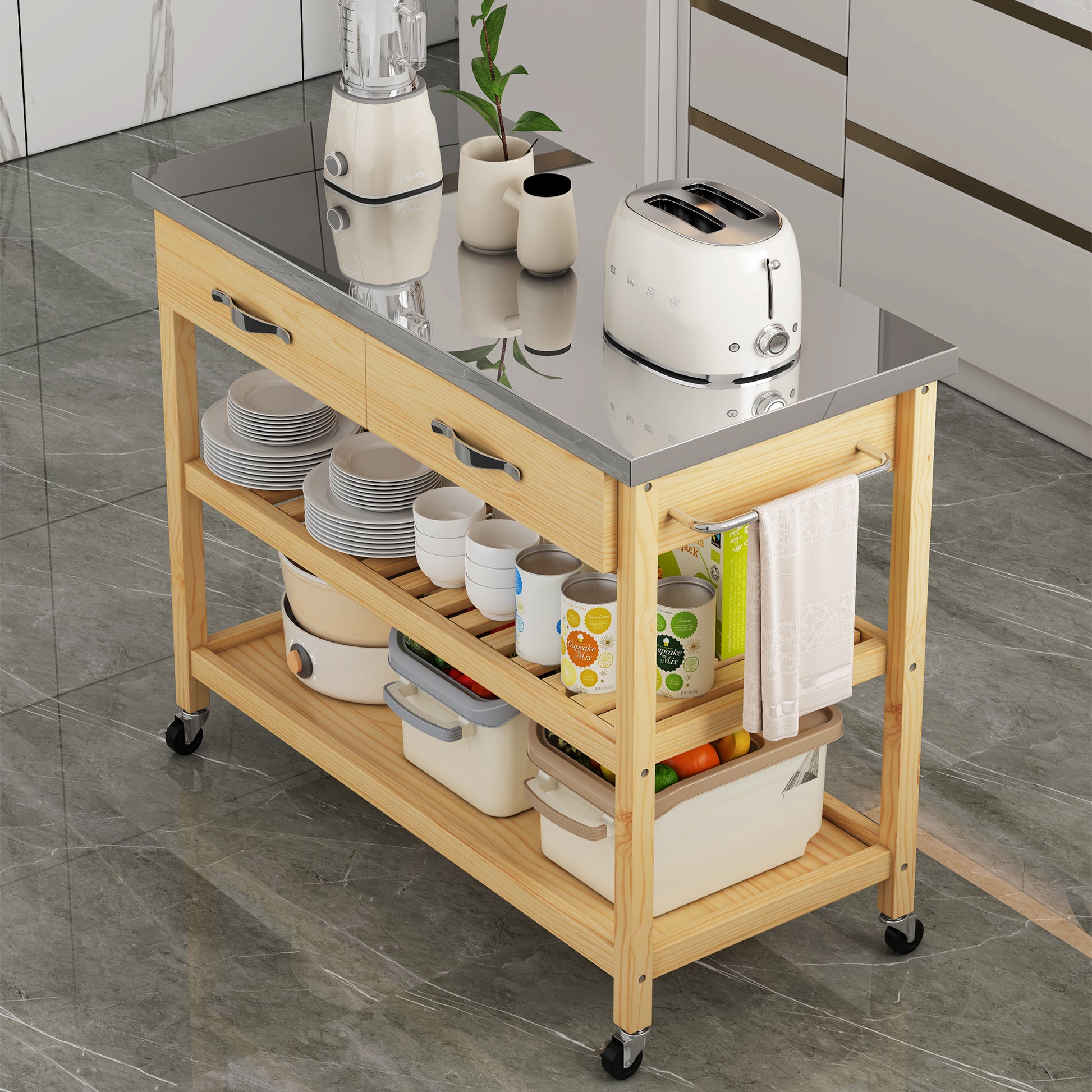 Stainless Steel Countertop Solid Wood Kitchen Cart With Storage Drawers And Shelves, Rotatable Kitchen Island With Steel Table Top And Tower Rack, Rolling Utility Trolley Cart For Kitchen And Dining Burly Wood Kitchen Classic,Contemporary Rectangular