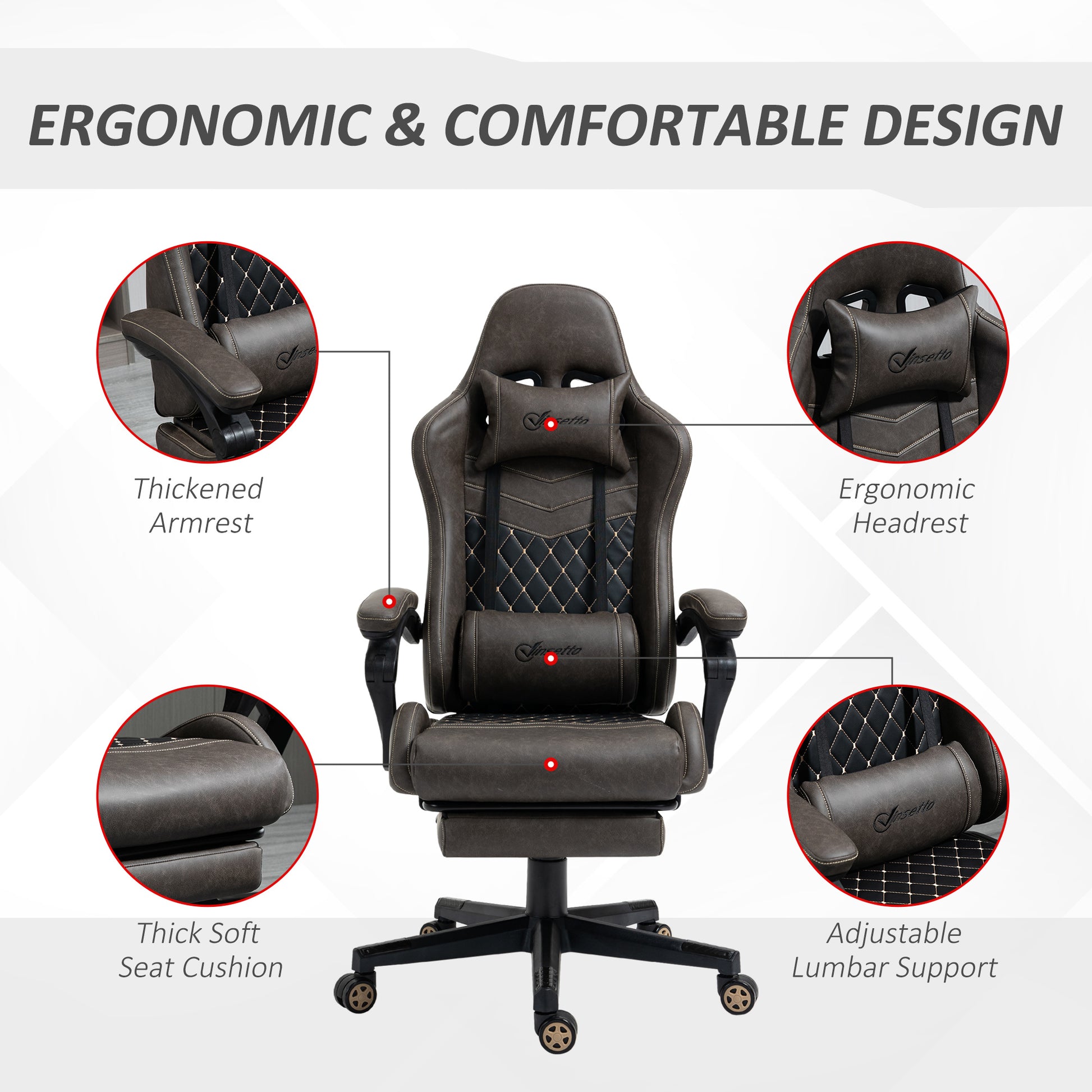Vinsetto Racing Gaming Chair Diamond Pu Leather Office Gamer Chair High Back Swivel Recliner With Footrest, Lumbar Support, Adjustable Height, Brown Brown Pu