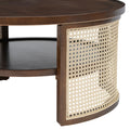2 Tiered Round Walnut Wood Coffee Table With Storage Rattan Base In 31.3'' Walnut Rubber Wood