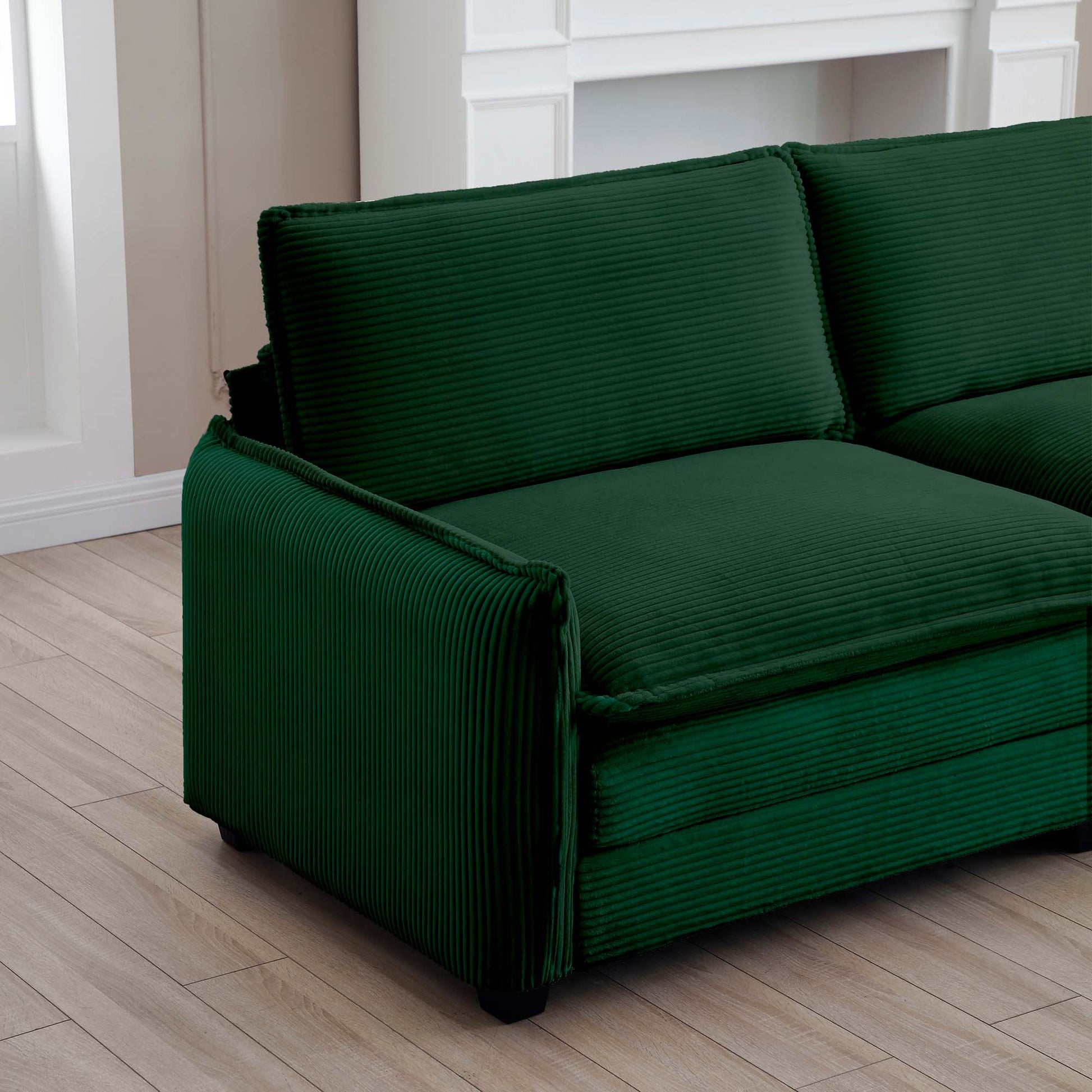 Oversized Modular Cushioned Sofa With Conversible Ottoman, 3 Seater Sofa With 2 Footstools, U Shape Sofa Ingreen Corduroy Fabric Green Corduroy 3 Seat