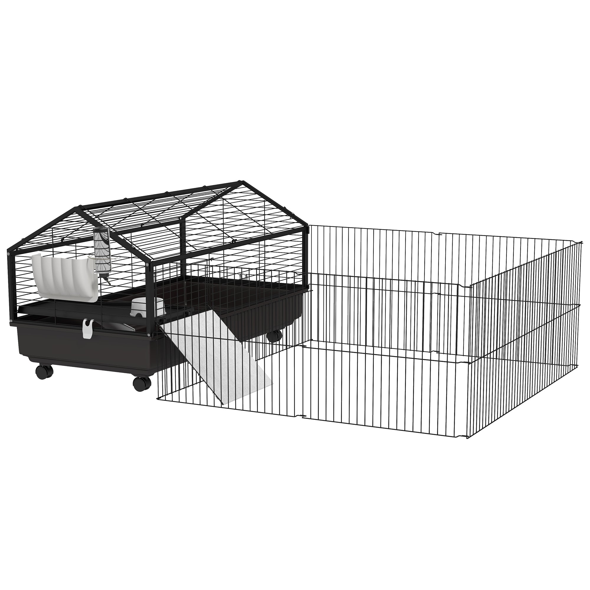 Pawhut Small Animal Cage With Foldable Run Area, Rolling Bunny Cage, Guinea Pig Cage, Hedgehog Cage With Water Bottle, Water Bowl, And Ramps, 46.5" Black Steel