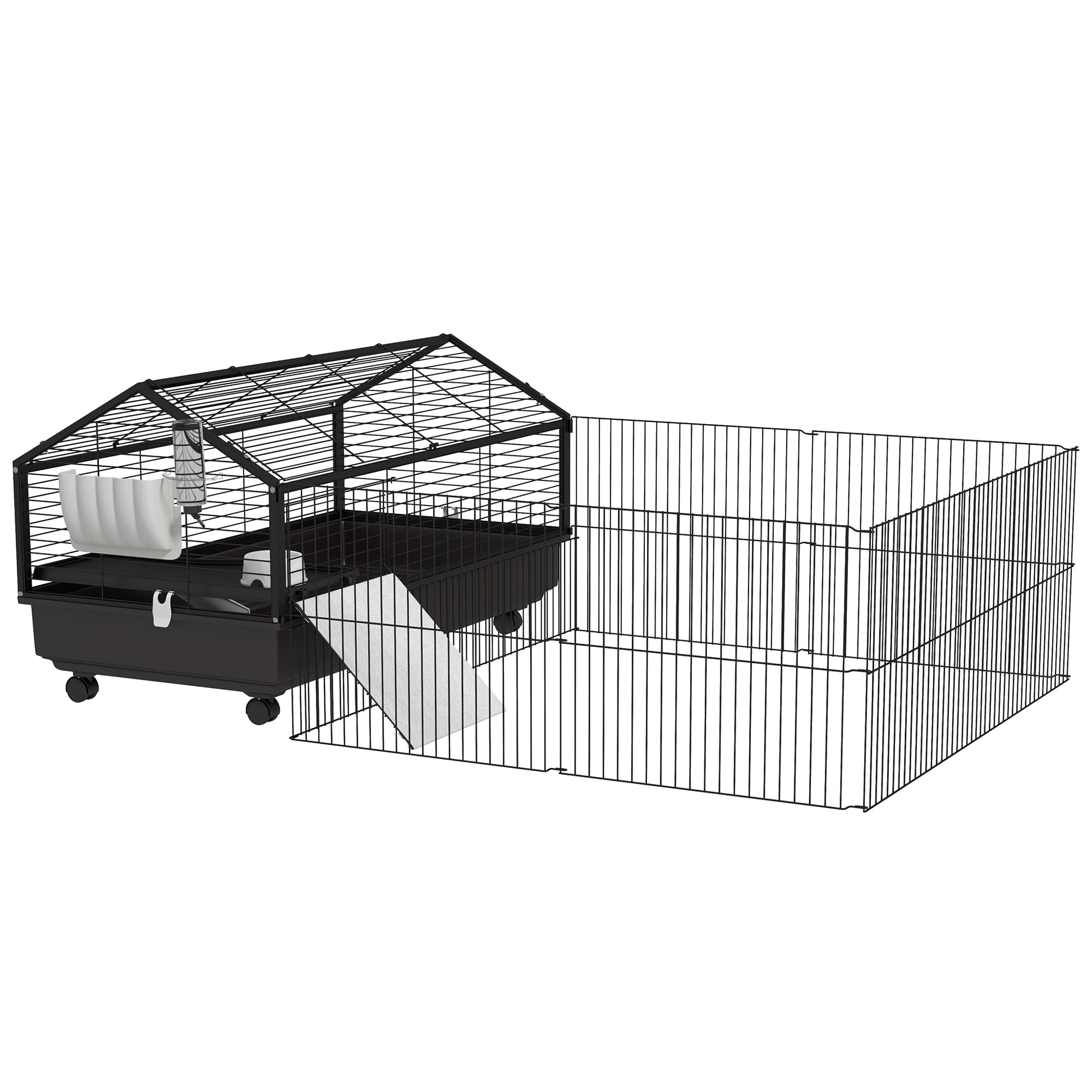 Pawhut Small Animal Cage With Foldable Run Area, Rolling Bunny Cage, Guinea Pig Cage, Hedgehog Cage With Water Bottle, Water Bowl, And Ramps, 46.5" Black Steel