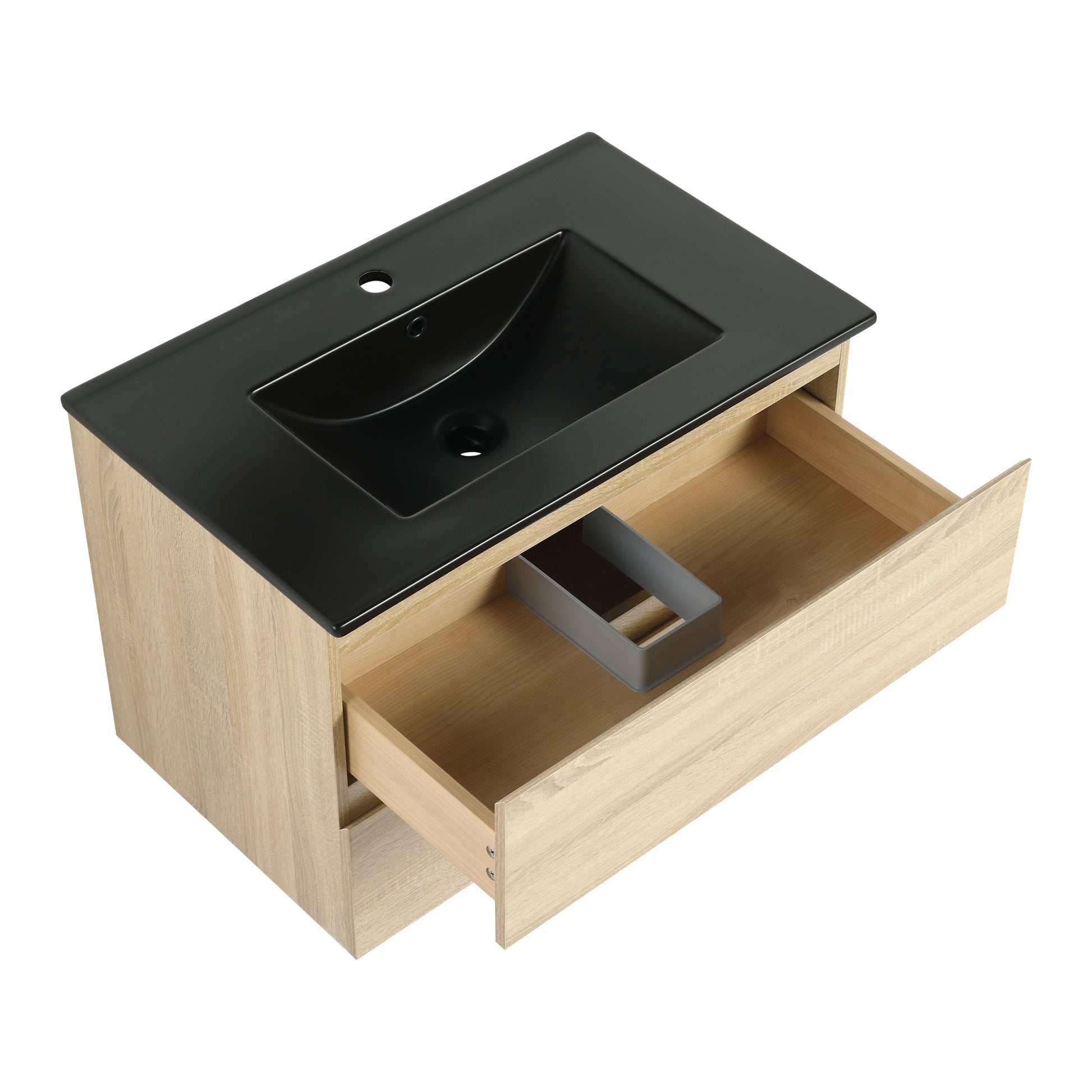 30" Wall Mounted Bathroom Vanity With Black Ceramic Sink, 2 Soft Close Drawers, Kd Package 2 Light Oak Bathroom Wall Mounted Modern Plywood