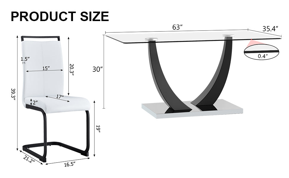 Table And Chair Set.Large Rectangular Glass Dining Table, 0.39 "Tempered Glass Countertop And Black Metal Shaped Bracket.Comes With Chairs With Faux Leather Cushions.Suitable For Kitchen, Dining Room. White Black Seats 4 Glass Metal