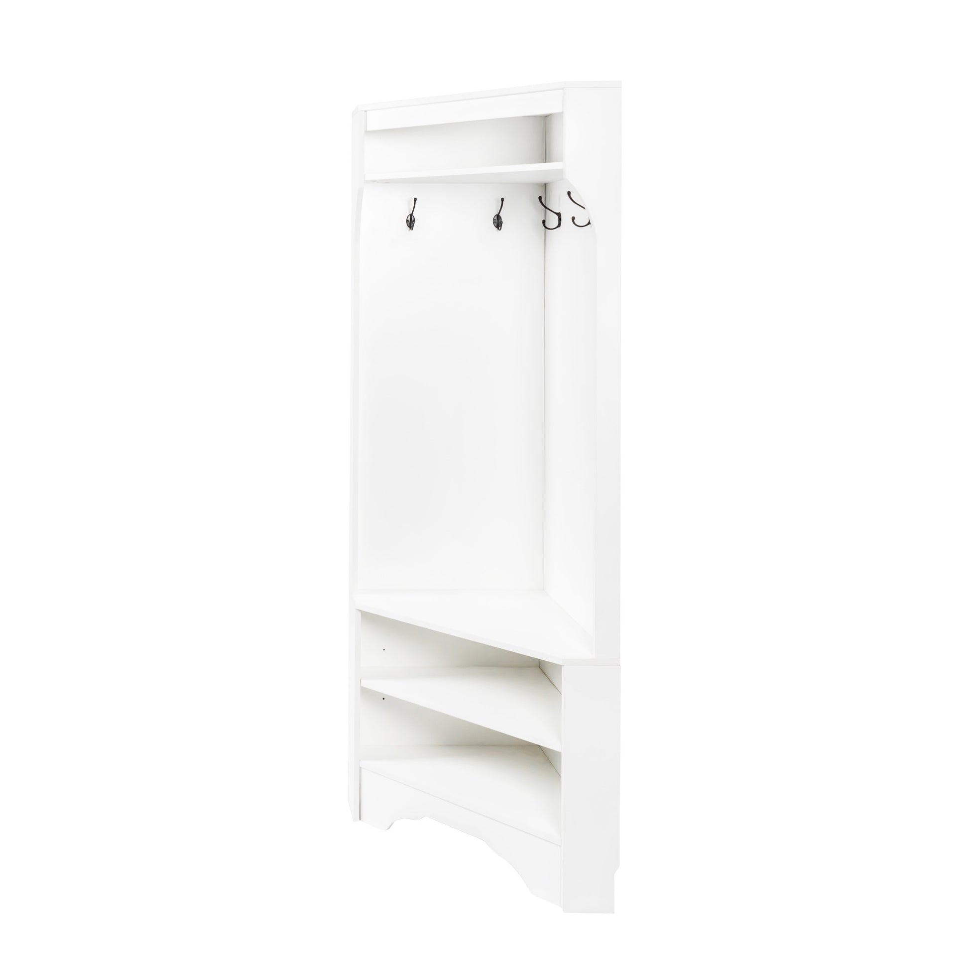 Minimalist Corner Hall Tree With Shoe Bench, Versatile Entryway Coat Rack With 4 Hooks, Corner Cabinet With Adjustable Shelf For Hallway, Living Room, White, 29.5''W*71.6''H White Particle Board