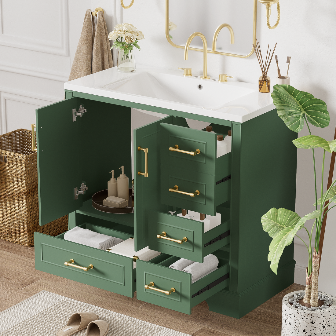 36 Inch Traditional Bathroom Vanity With Resin Sink Combo Set, Green Bathroom Cabinet With Two Doors And Four Drawers Green Bathroom Solid Wood Mdf Resin