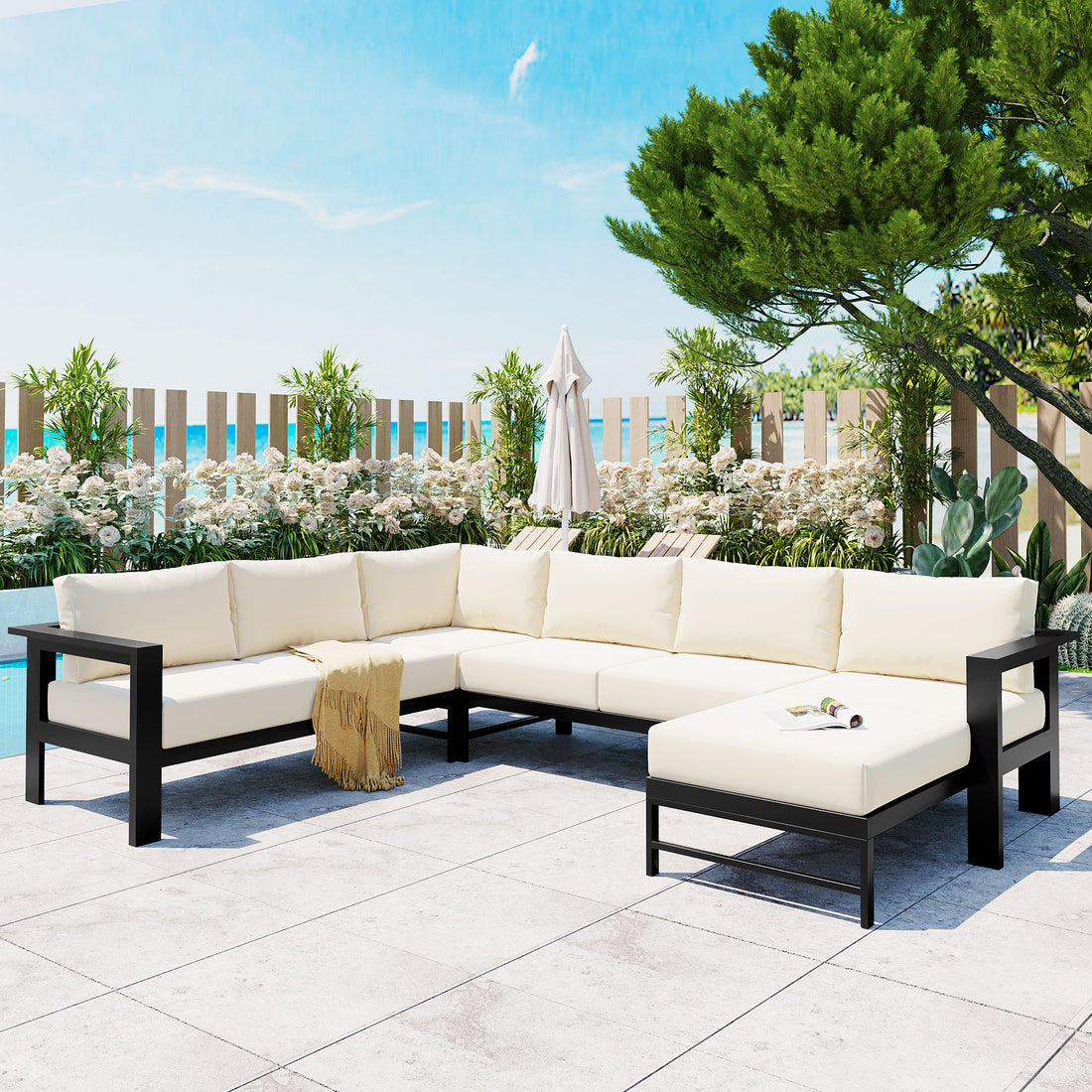 U Shaped Multi Person Outdoor Sofa Set, Suitable For Gardens, Backyards, And Balconies. White Seats 6 Aluminum