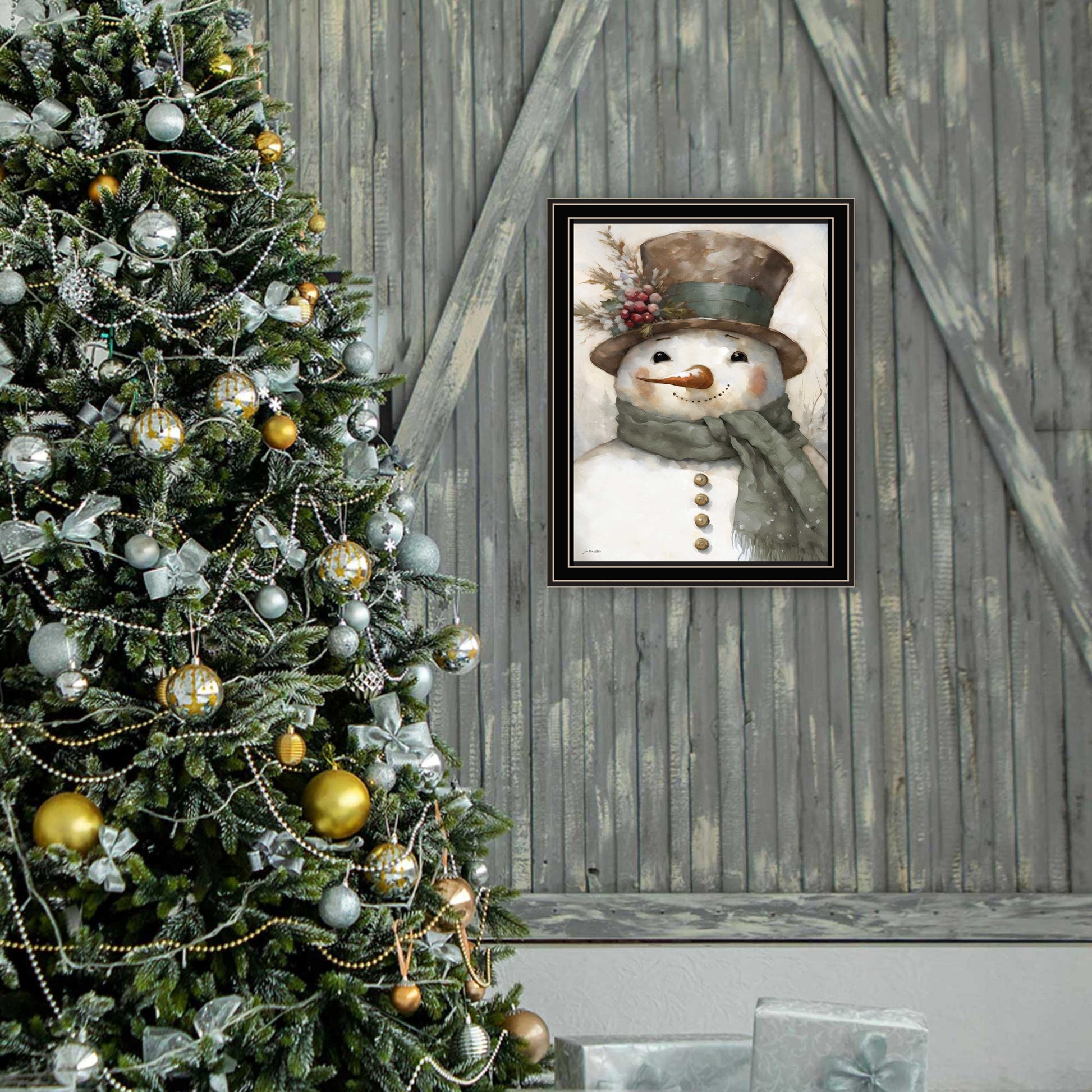 Old World Frosty The Snowman Black Framed Wall Art For Living Room, Holiday Wall Art Print For Home Decor, Bedroom Wall Art By Jo Moulton Multicolor Wood Paper