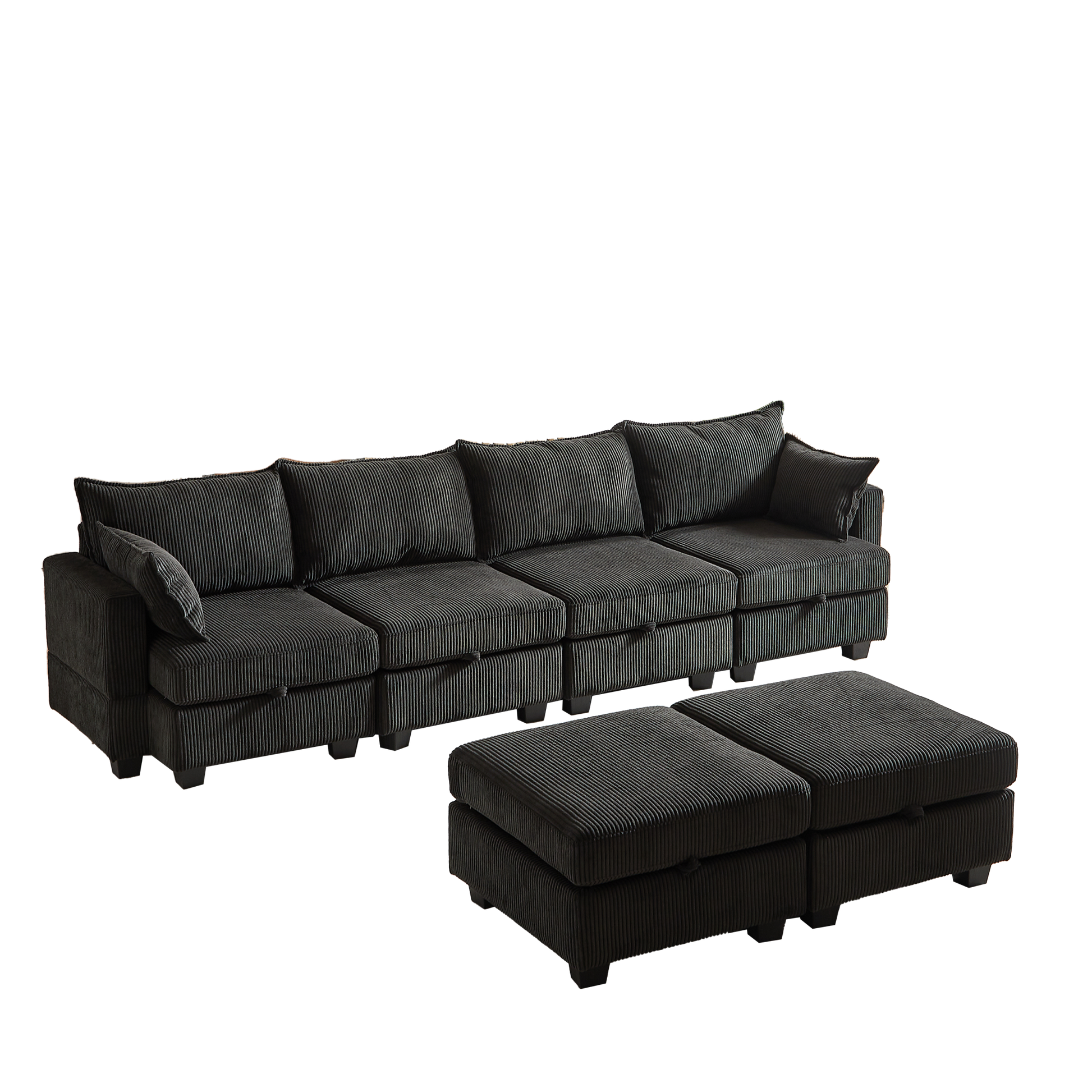 113.5'' Modular Sectiona Corduroy Sofa, Sectional Couches For Living Room U Shaped Sectional Couch With Storage Ottoman, 6 Seats Convertible Sectionals With Chaise Black Corduroy 6 Seat