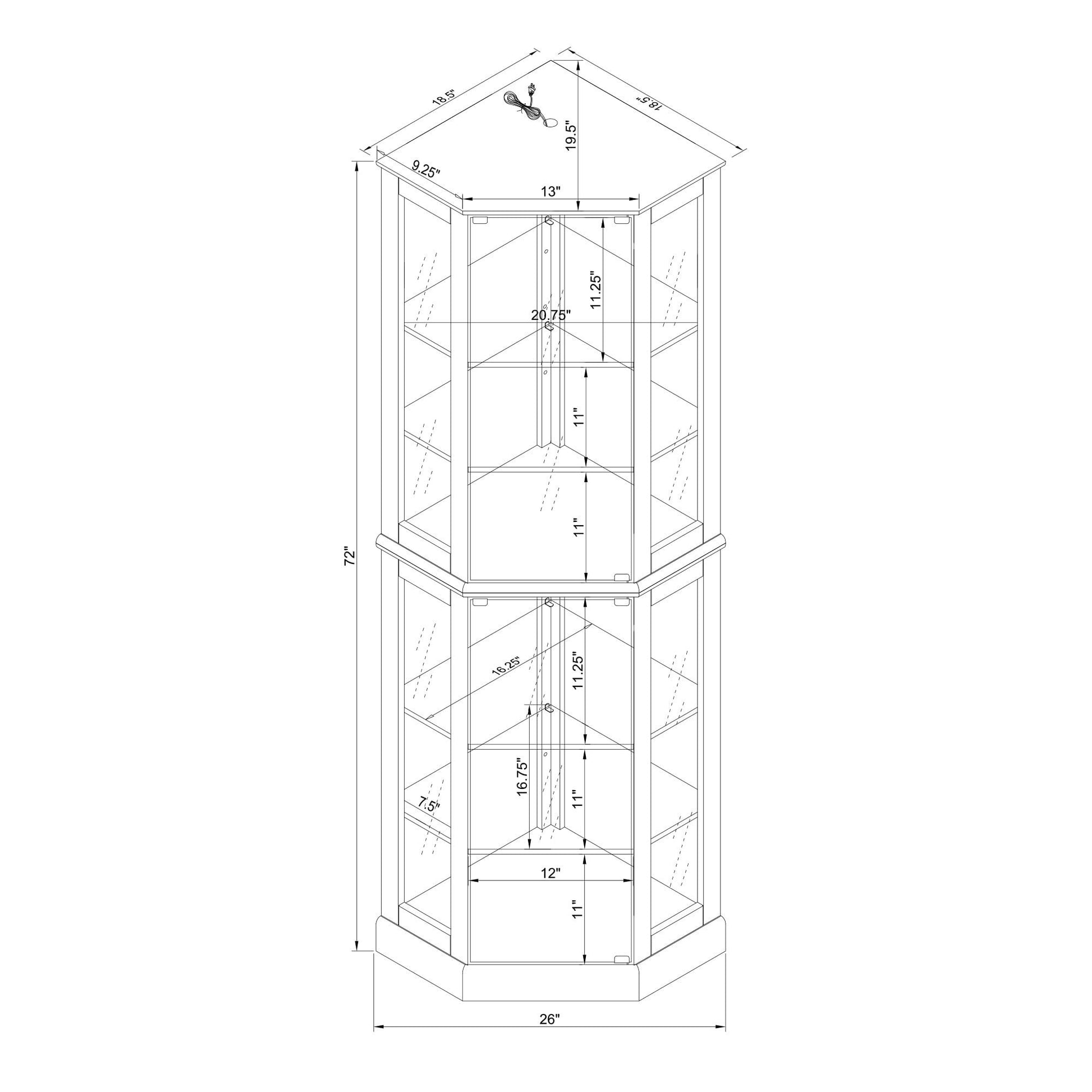 6 Shelf Corner Curio Display Cabinet With Lights, Mirrors And Adjustable Shelves, Walnut E26 Light Bulb Not Included Walnut Mdf