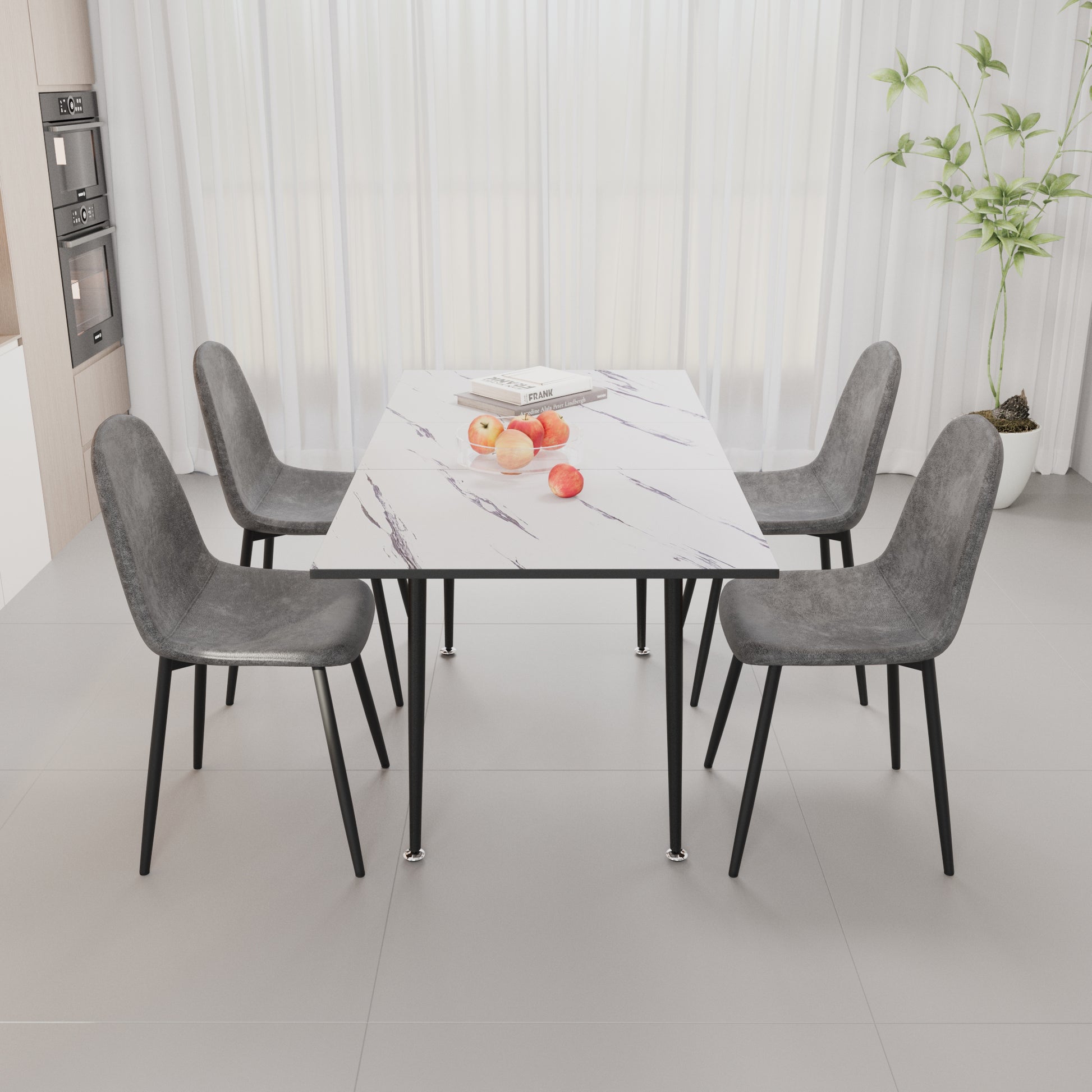 47" 63" Extendable Mdf Modern Dining Table And Chair Set, Suitable For 2 6 People, White Dining Table And Modern Grey Round Dining Chair 4 Piece Set, Metal Base And Suede Chair Grey White Mdf