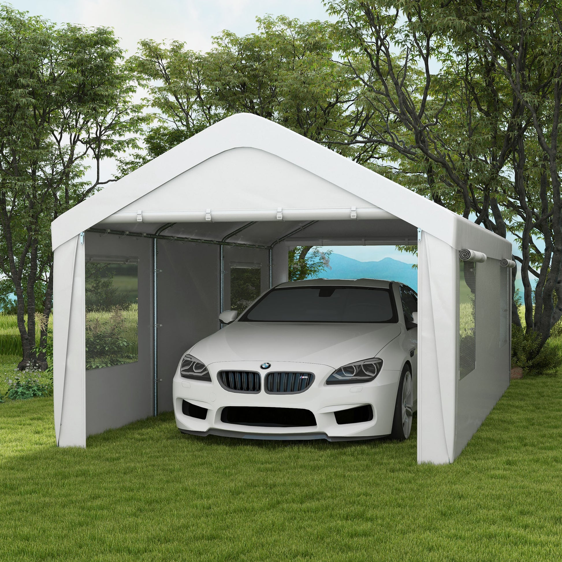 garage tent Outsunny Carport 10' X 20' Portable Garage, Heavy Duty Car Port Canopy With 2 Roll Up Doors & 4 Ventilated Windows For Car, Truck, Boat, Garden Tools,