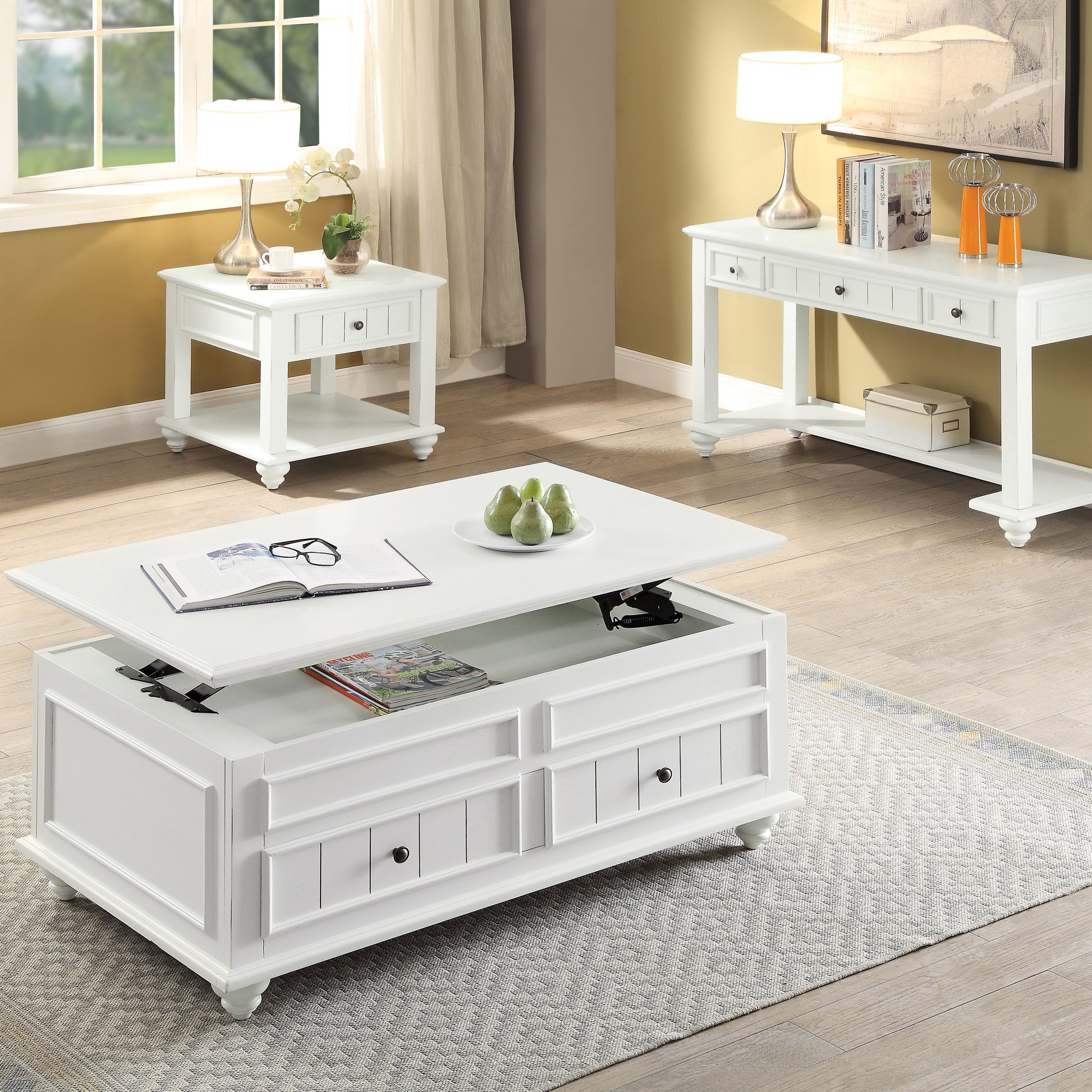 White Washed End Table With Bottom Shelf White Primary Living Space Traditional Poplar Drawers Rectangular Wood