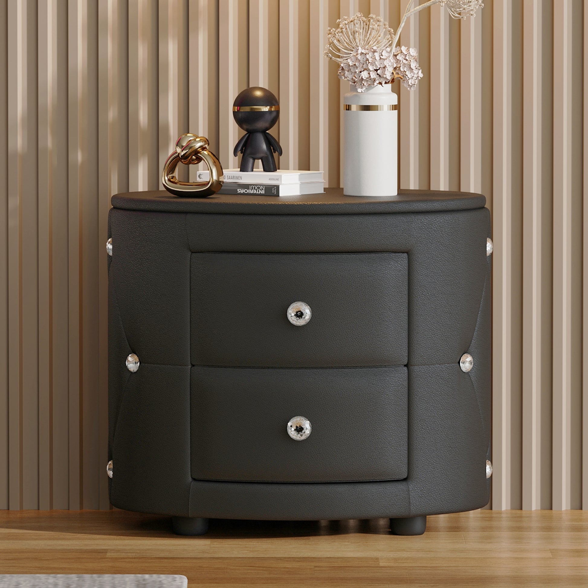 Elegant Pu Nightstand With 2 Drawers And Crystal Handle,Fully Assembled Except Legs&Handles,Storage Bedside Table Black Black Pu