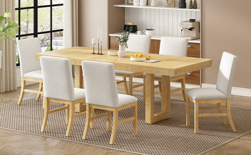 Traditional 7 Piece 72" Extendable Dining Table Set With 12Inch Butterfly Leaf And 6 Upholstered Dining Table Set, Natural Wood Dining Room Distressed Finish Rubberwood Rectangular Dining Table With Chair Wood Wood Natural Seats 6 72 Inches Butterfly