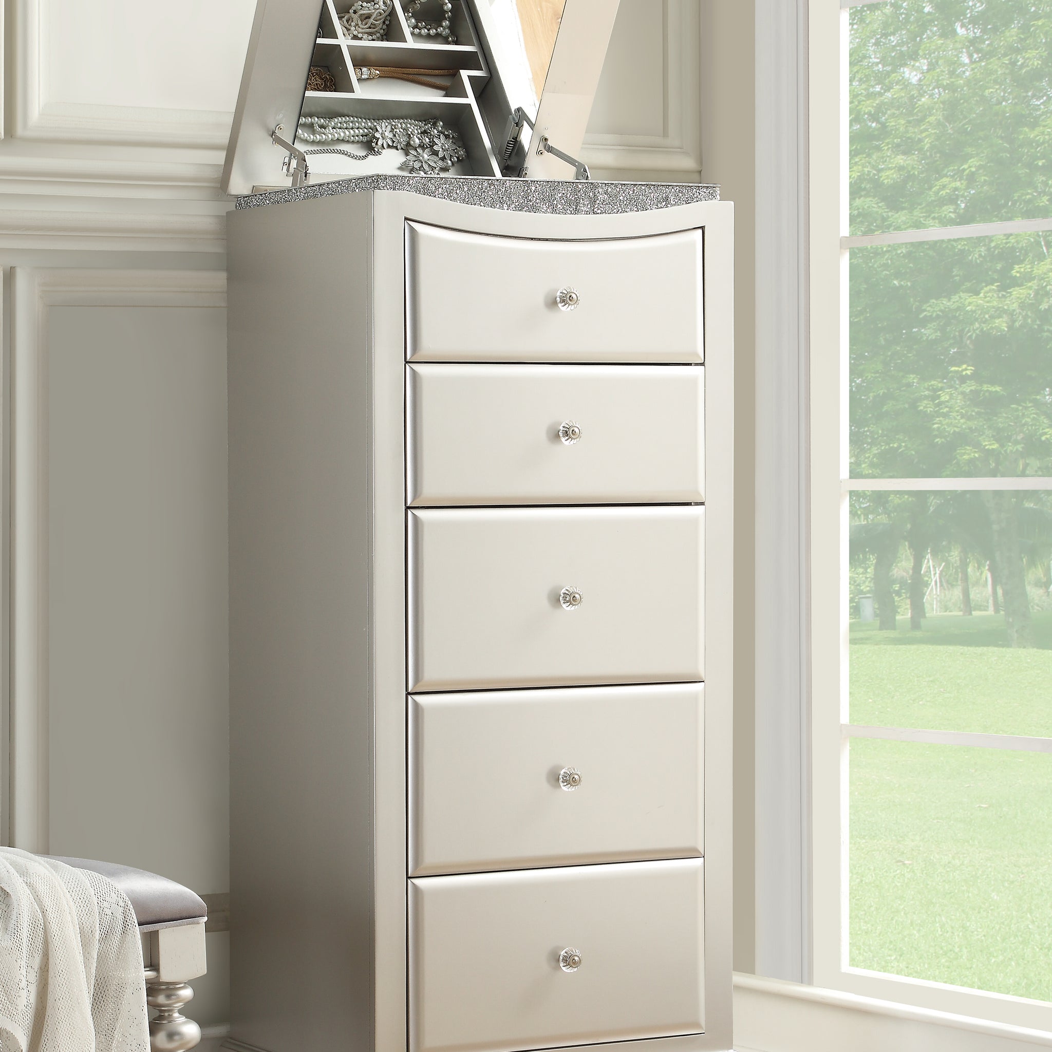 Platinum 5 Drawer Lingerie Chest Silver Bedroom Contemporary Solid Wood Mdf