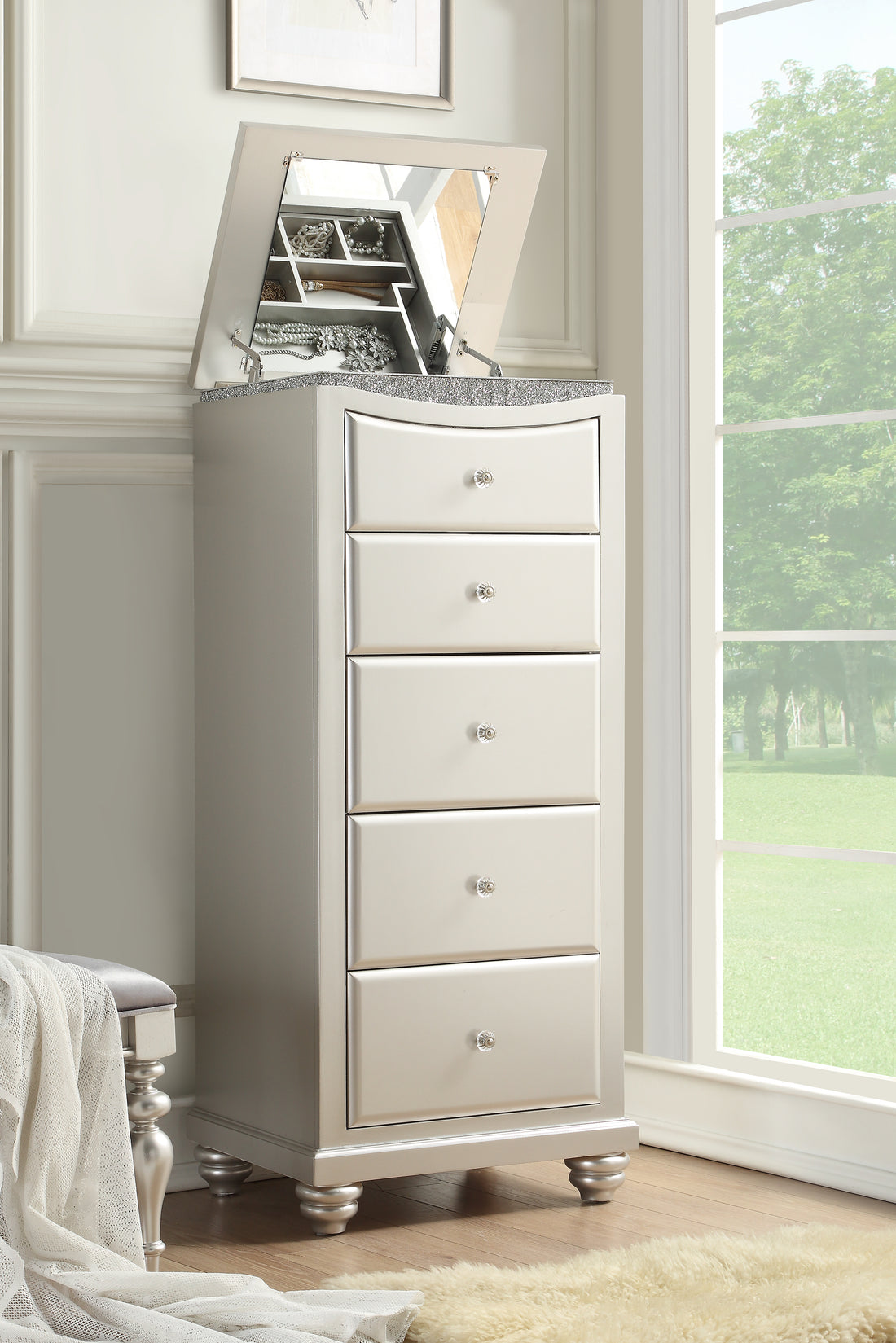 Platinum 5 Drawer Lingerie Chest Silver Bedroom Contemporary Solid Wood Mdf