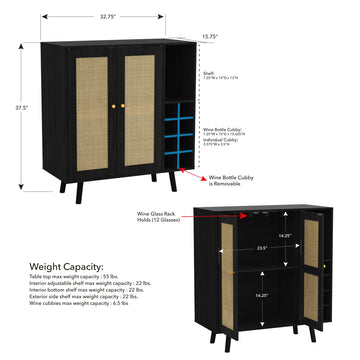 Bohemian Bar Cabinet, Natural Rattan Doors, Removable Wine Rack In Ebony 1 2 Shelves Black Boho,Mid Century Modern Mdf