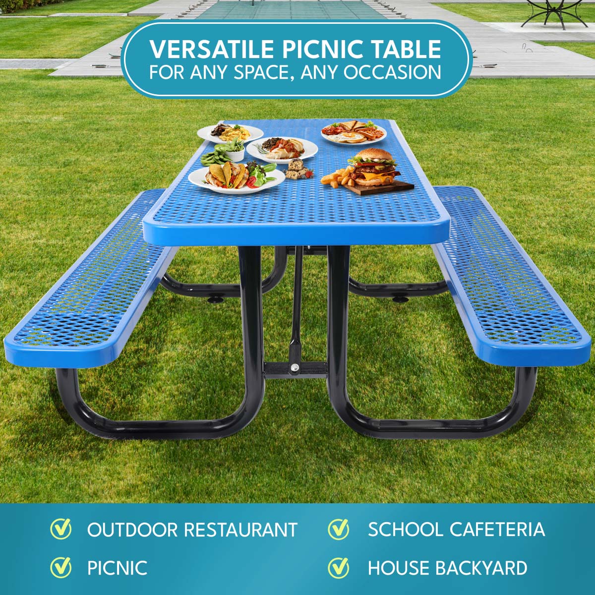 6 Ft. Rectangular Outdoor Steel Picnic Table With Umbrella Pole In Blue Blue Carbon Steel