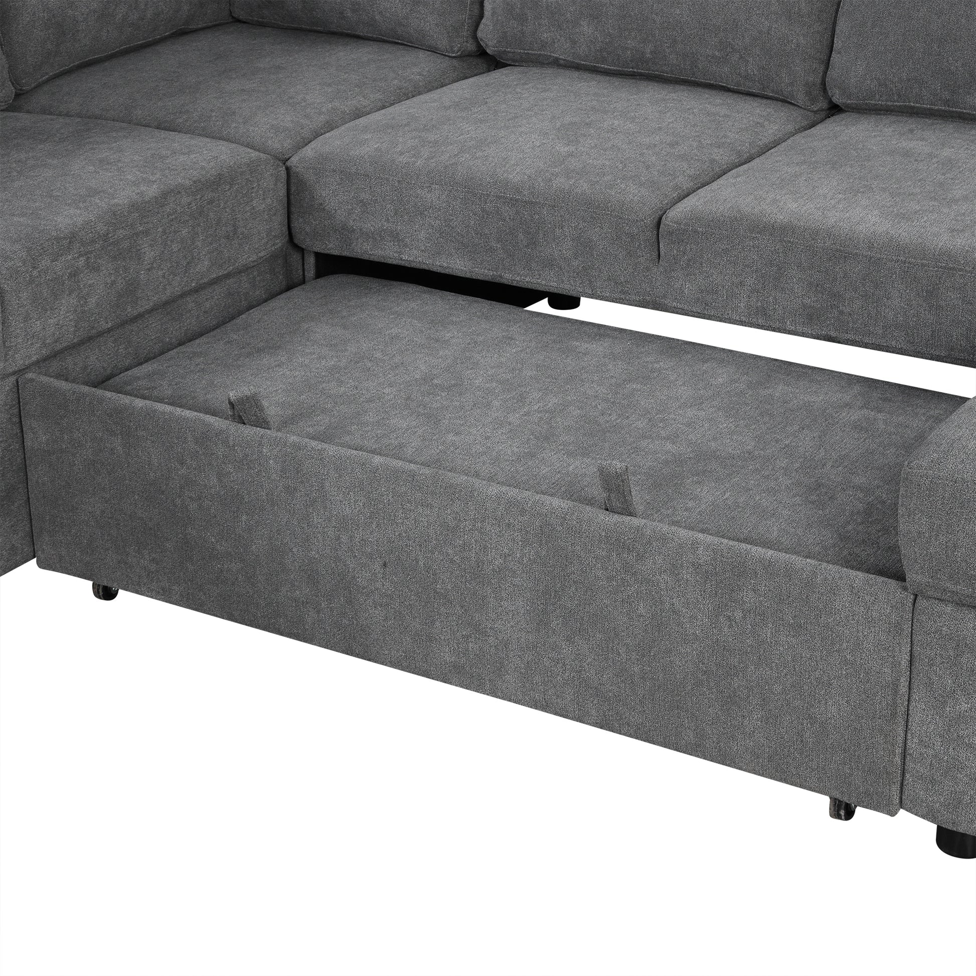 109" U Shaped Sectional Sofa Pull Out Sofa Bed With Two Usb Ports, A Storage Chaise Lounge And Four Back Pillows For Living Room, Grey Grey Foam Chenille 5 Seat