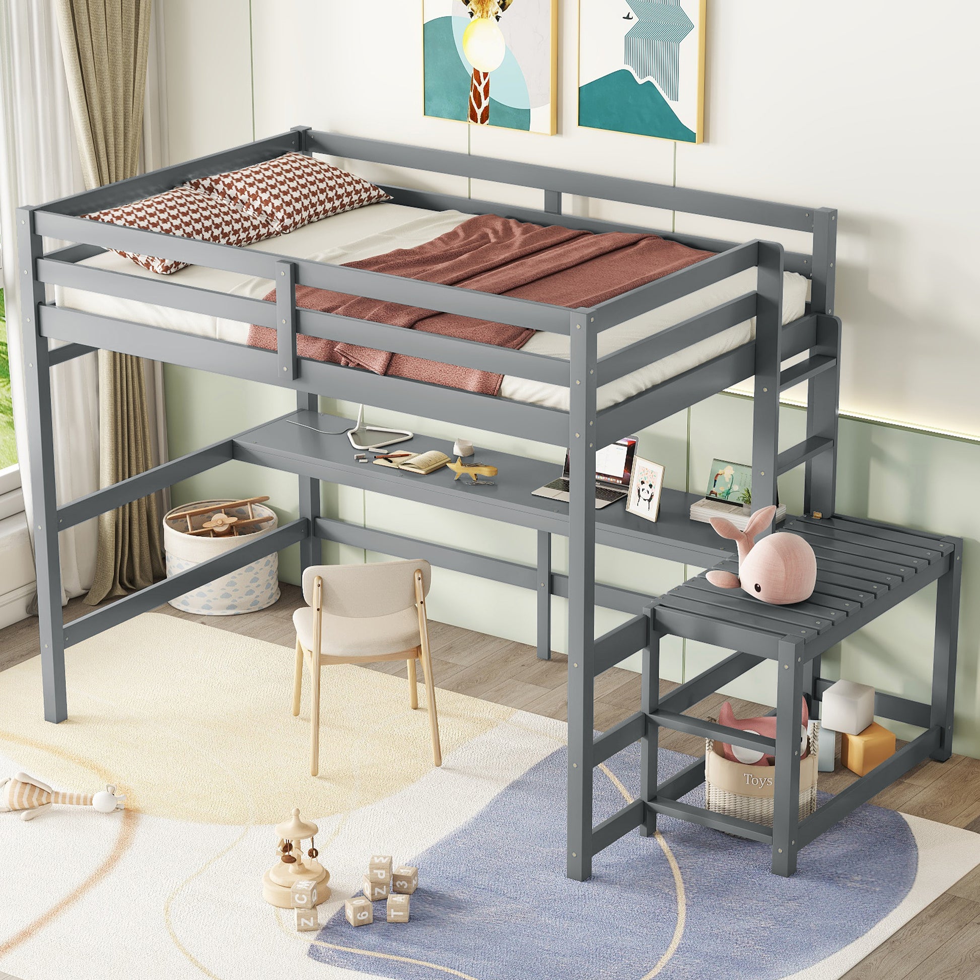 Full Size High Loft Bed With Built In Desk, Ladder Platform, Ladders, Guardrails ,Grey Full Grey Bedroom American Design Pine