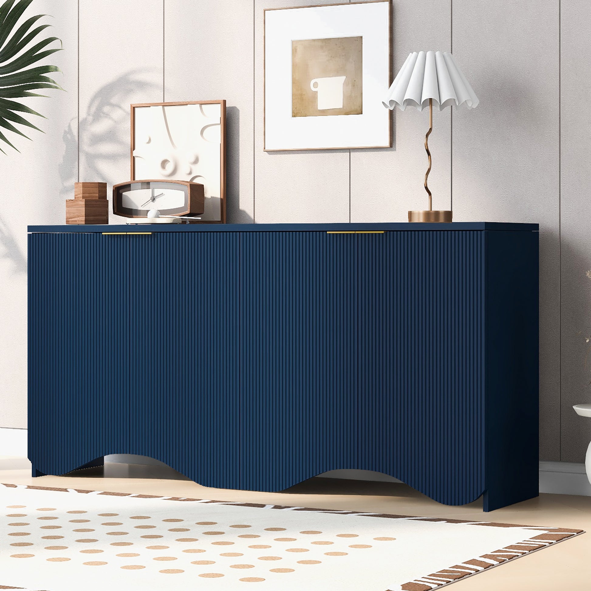 Vertical Stripes And Wavy Design Of A Four Door Cabinet Cabinet Suitable For Hallway, Entryway, Living Room 3 4 Spaces Navy Blue Artsy Mdf