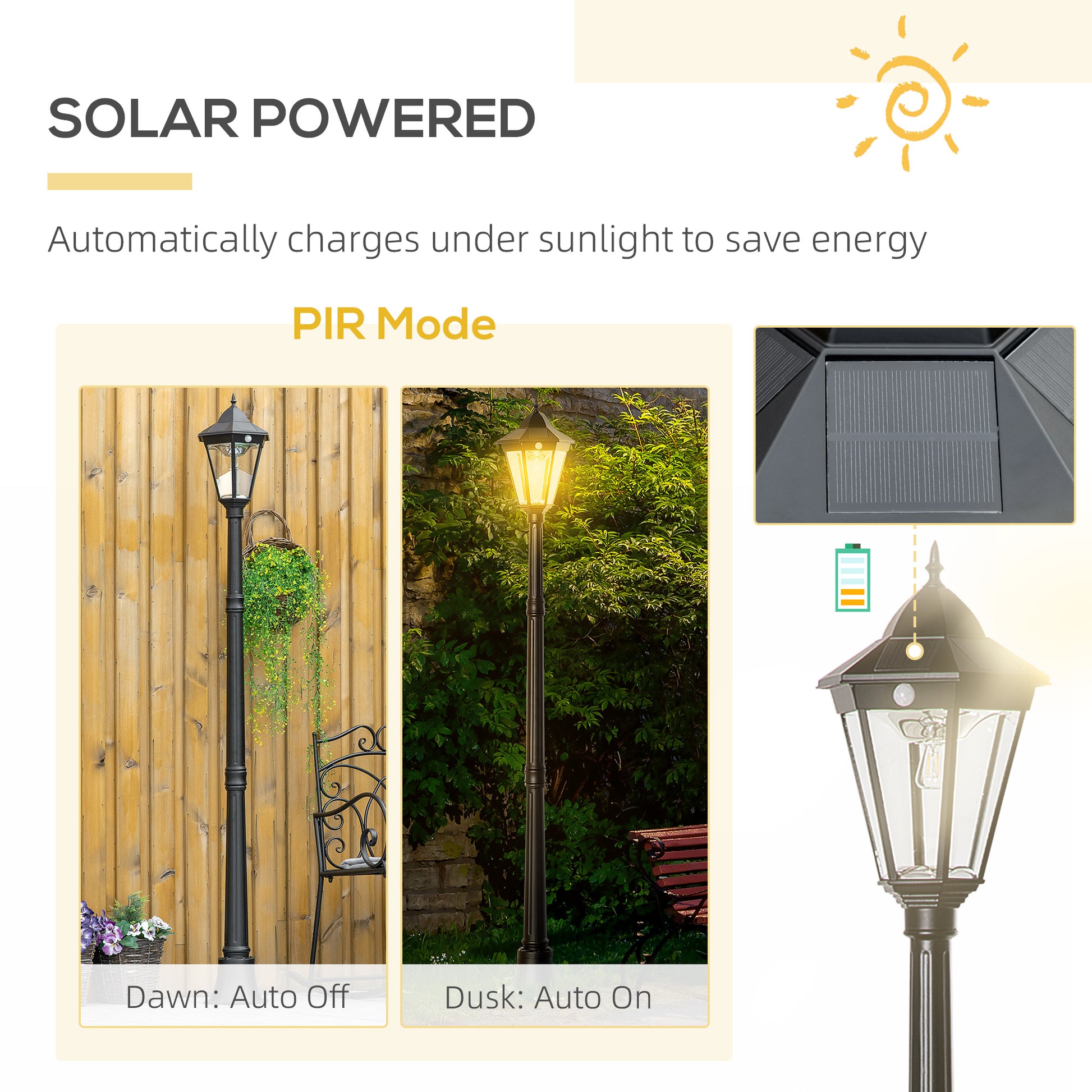 Outsunny 77" Solar Lamp Post Light, Waterproof Aluminum Outdoor Vintage Street Lamp, Motion Activated Sensor Pir, Adjustable Brightness, For Garden, Lawn, Pathway, Driveway, Black Black Aluminum