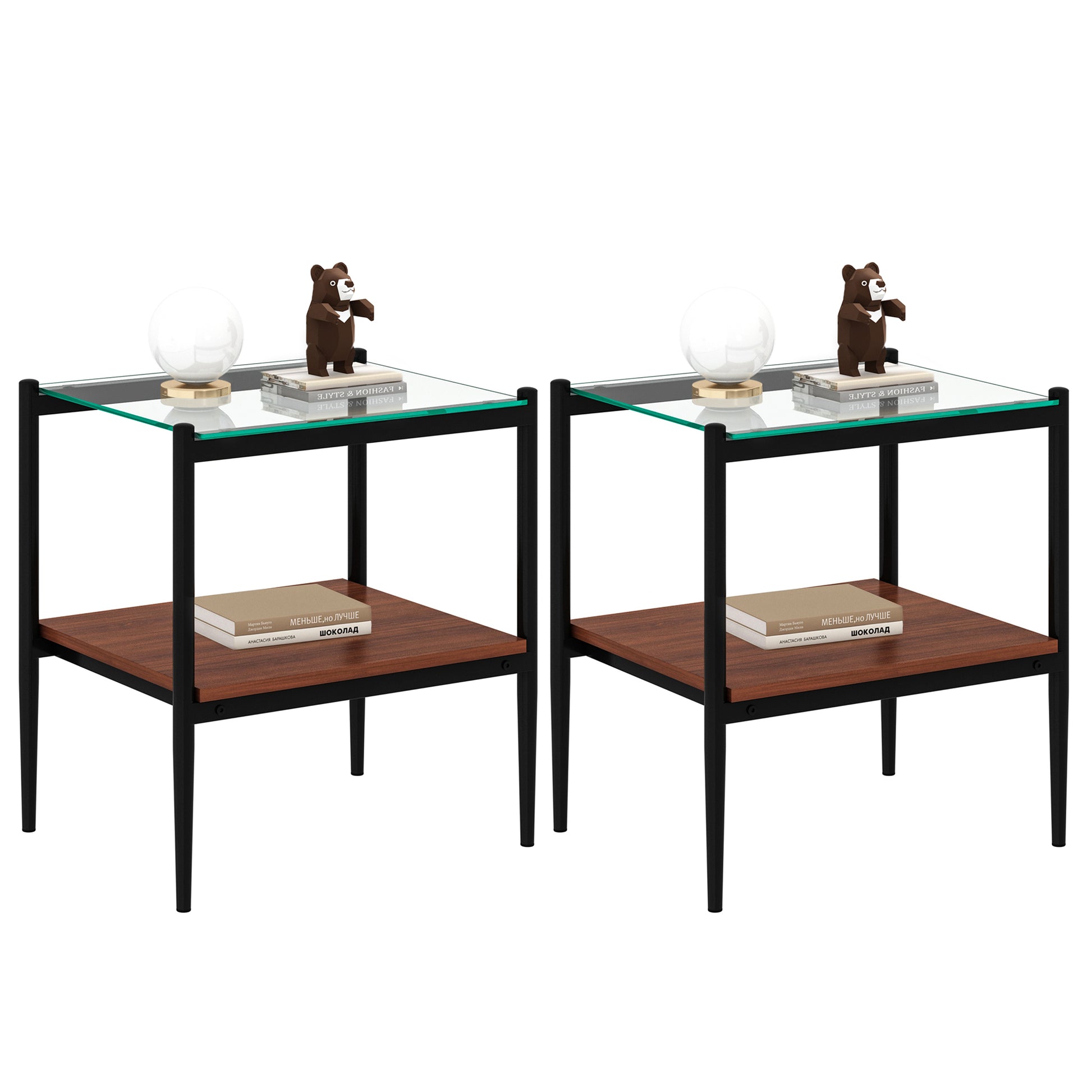 Set Of 2 Rectangle End Table, Tempered Glass Tabletop With Mdf Layer, Modern Table For Living Roomtransparent Glass Transparent Tempered Glass